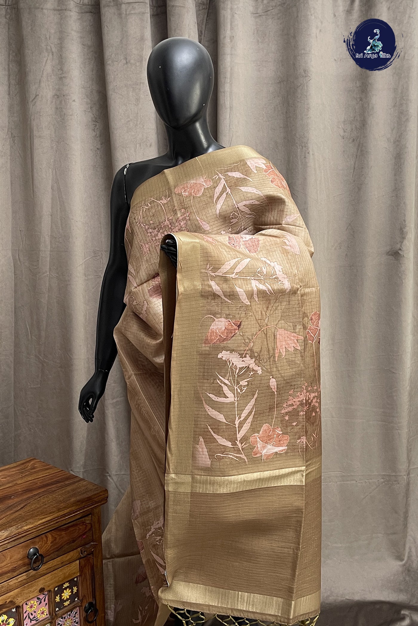 Mehendi Green Semi Raw Silk Saree With Floral Print Pattern