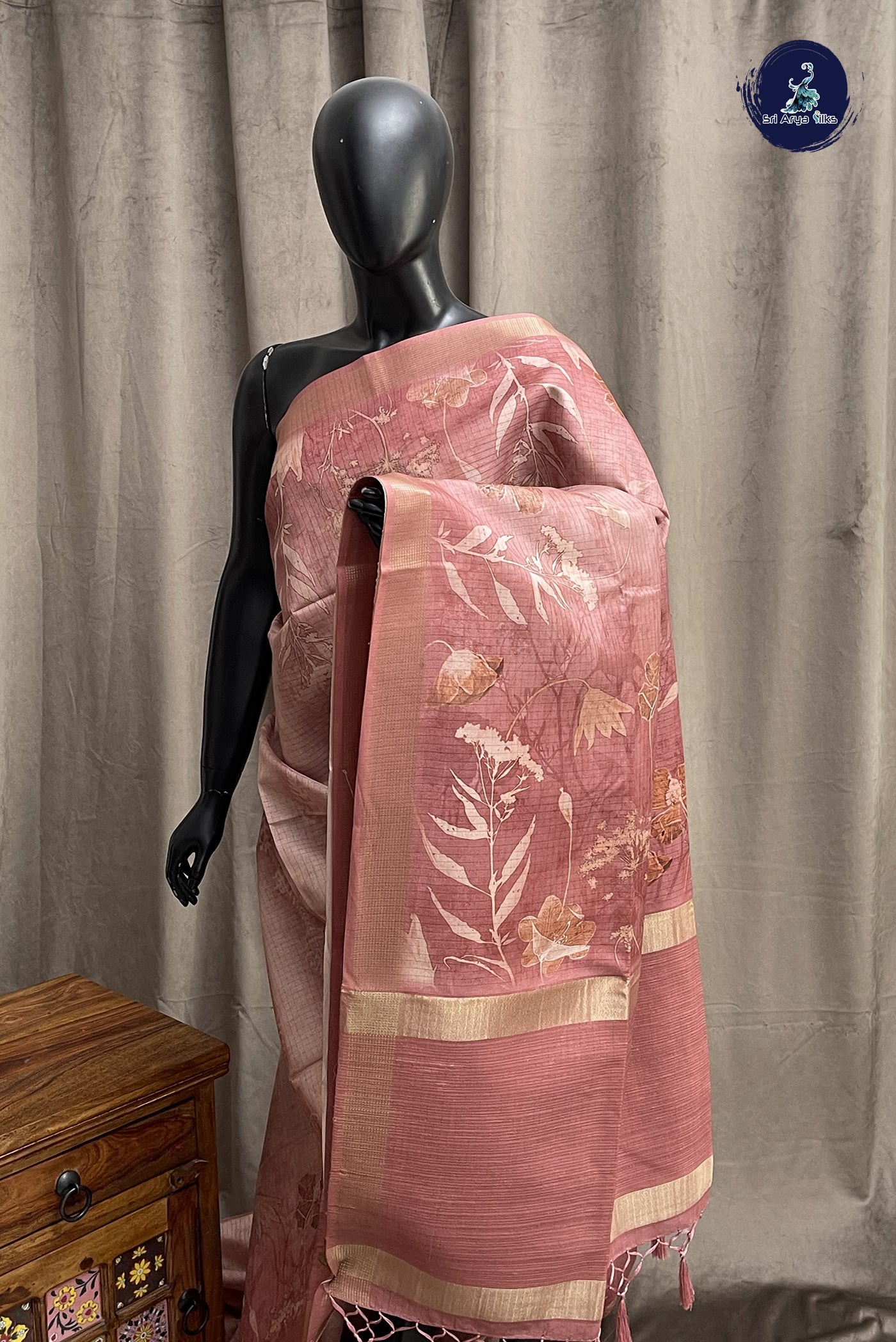 Peach Semi Raw Silk Saree With Floral Print Pattern