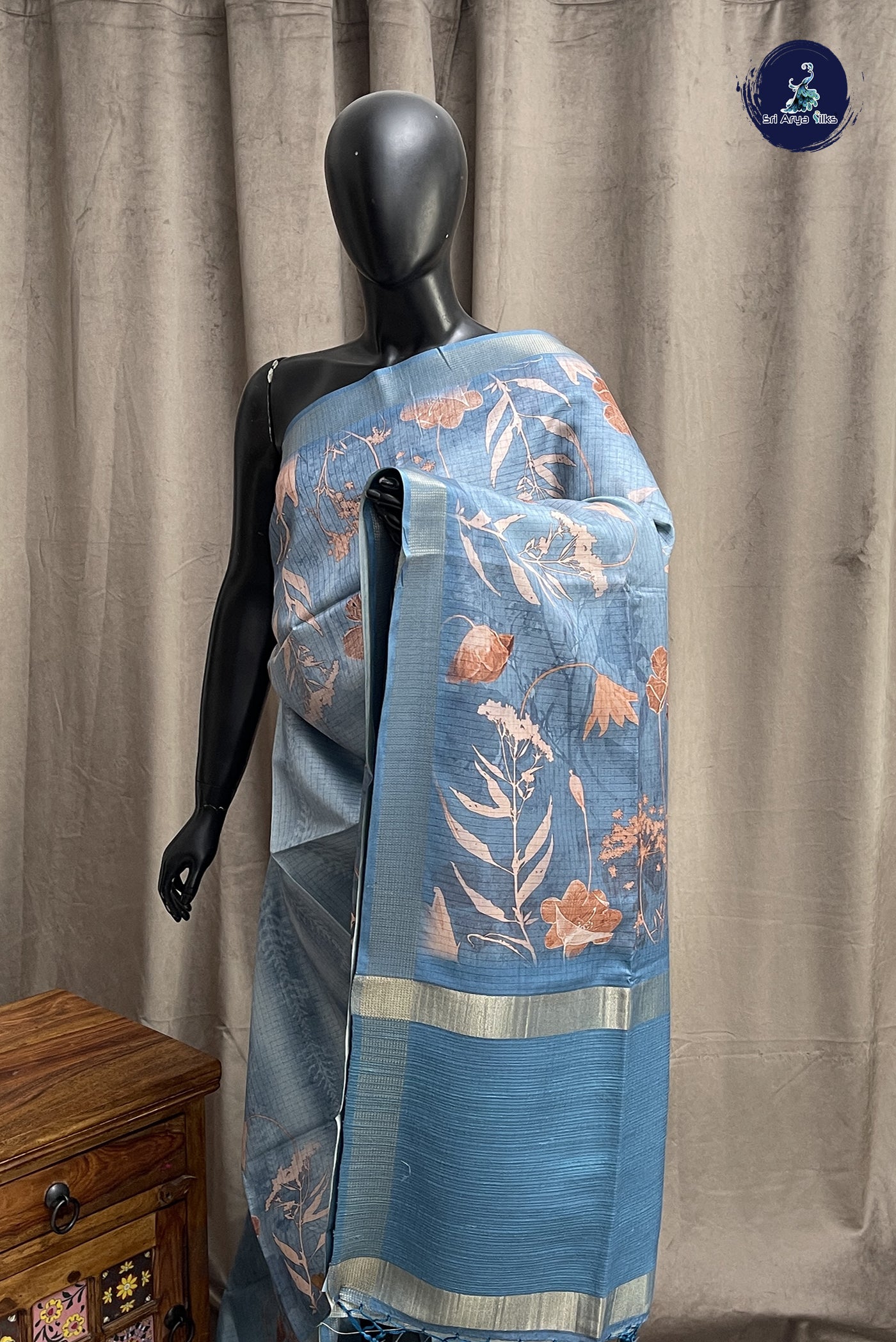 Light Blue Semi Raw Silk Saree With Floral Print Pattern