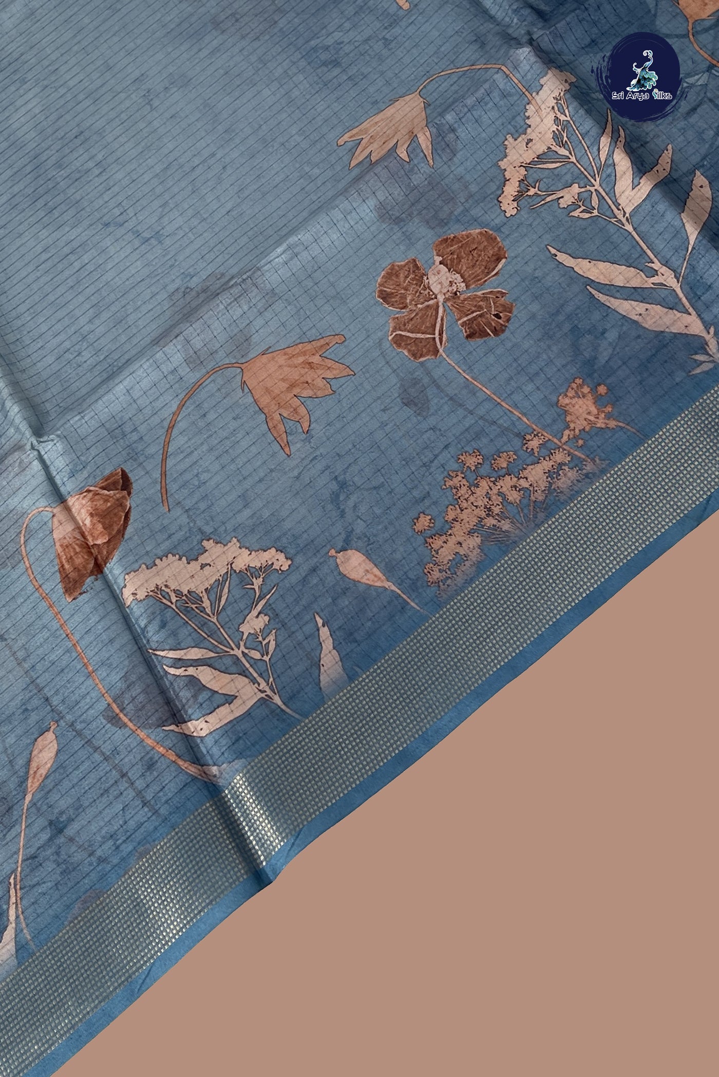 Light Blue Semi Raw Silk Saree With Floral Print Pattern