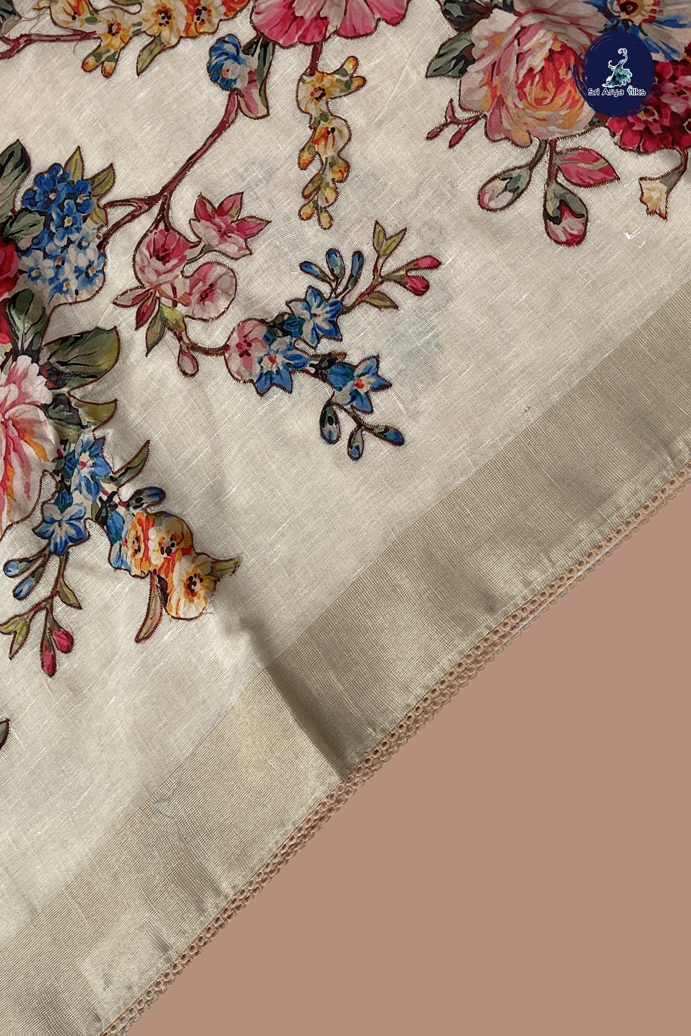Beige Jute Saree With Embroidery Pattern