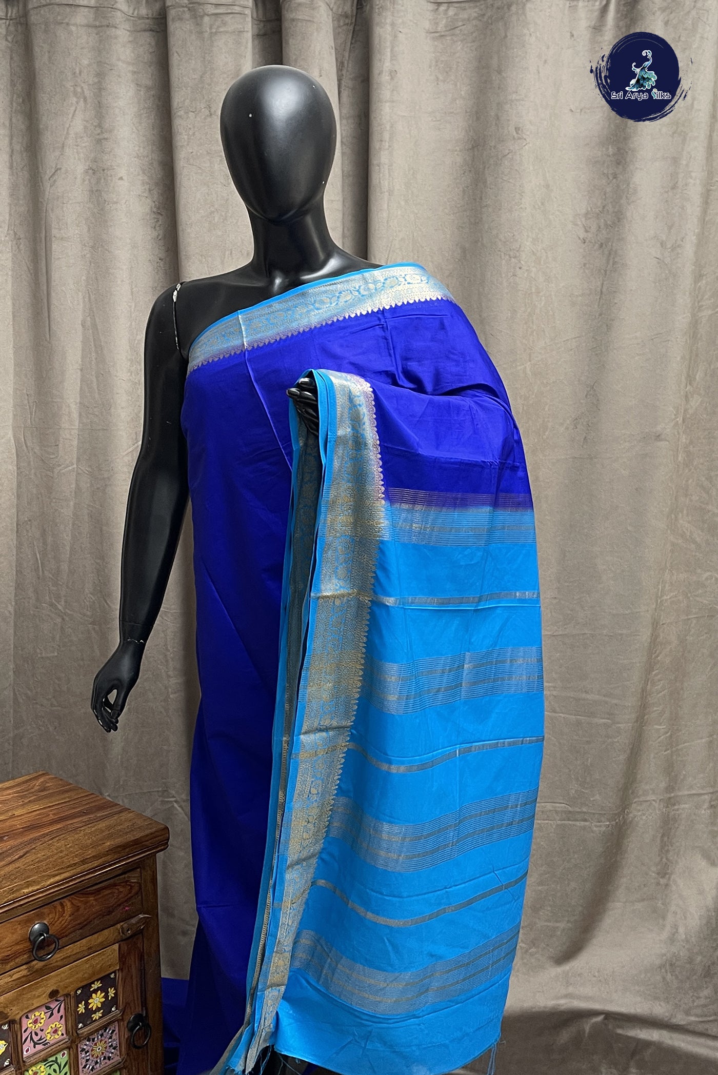 Dark Blue Semi Mysore Silk With Plain Pattern