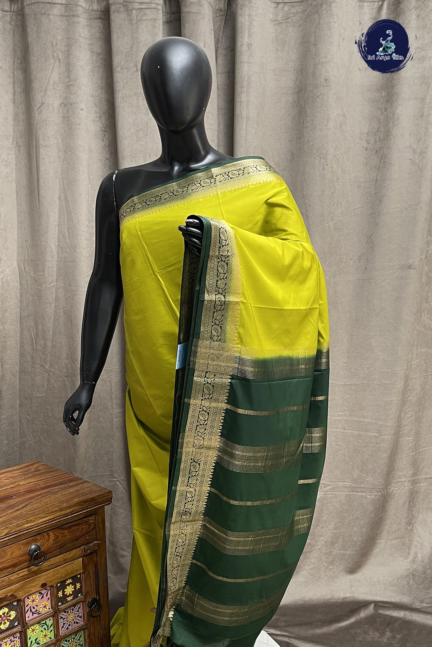 Yellowish Green Semi Mysore Silk With Plain Pattern