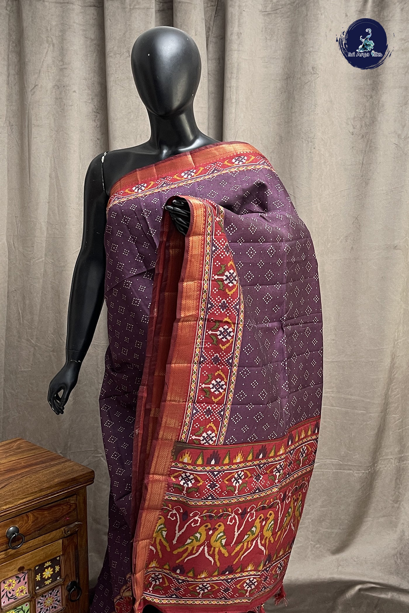 Dark Brinjal Semi Chanderi Saree With Printed Pattern