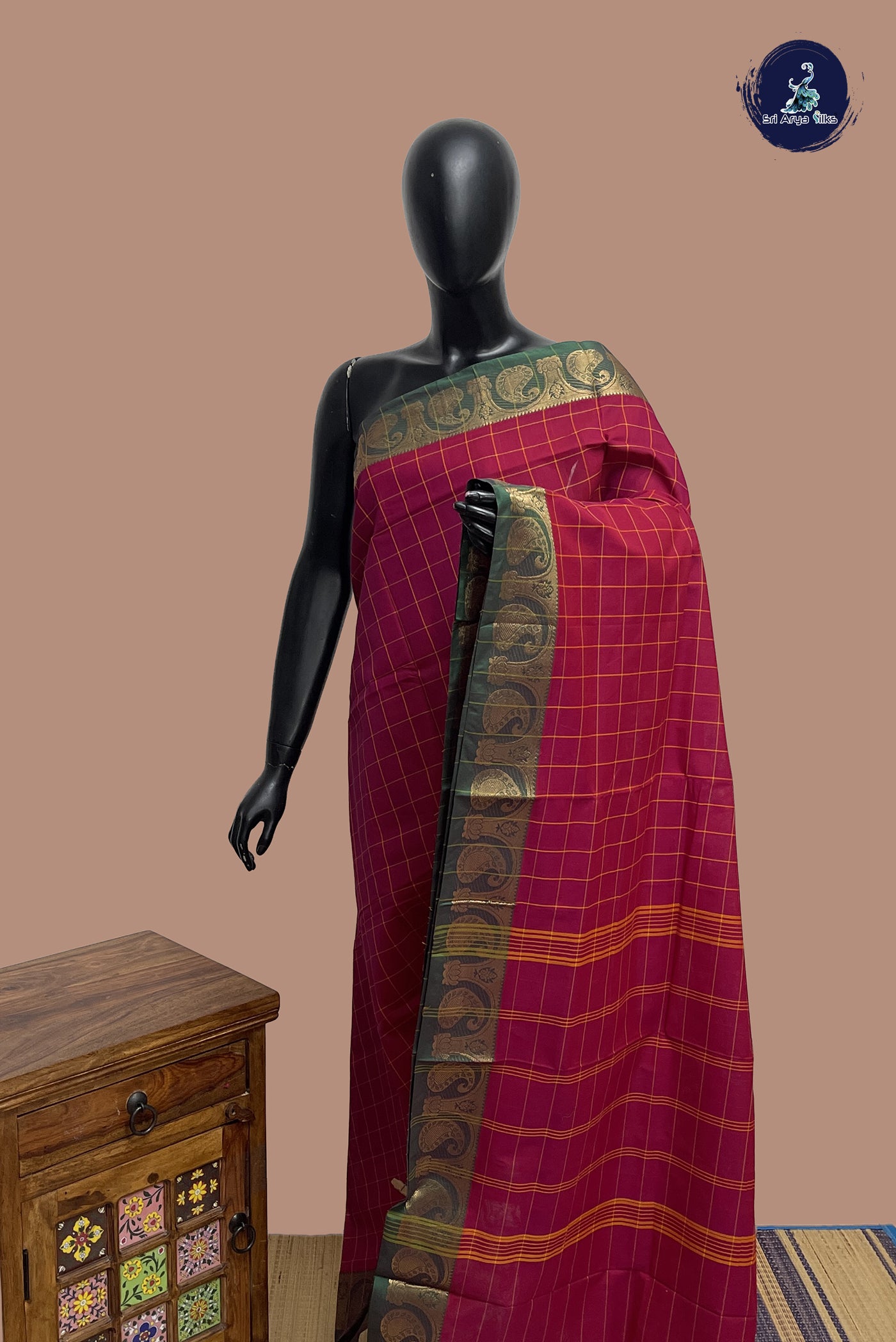 Maroon Chettinad Cotton Saree With Checked Pattern