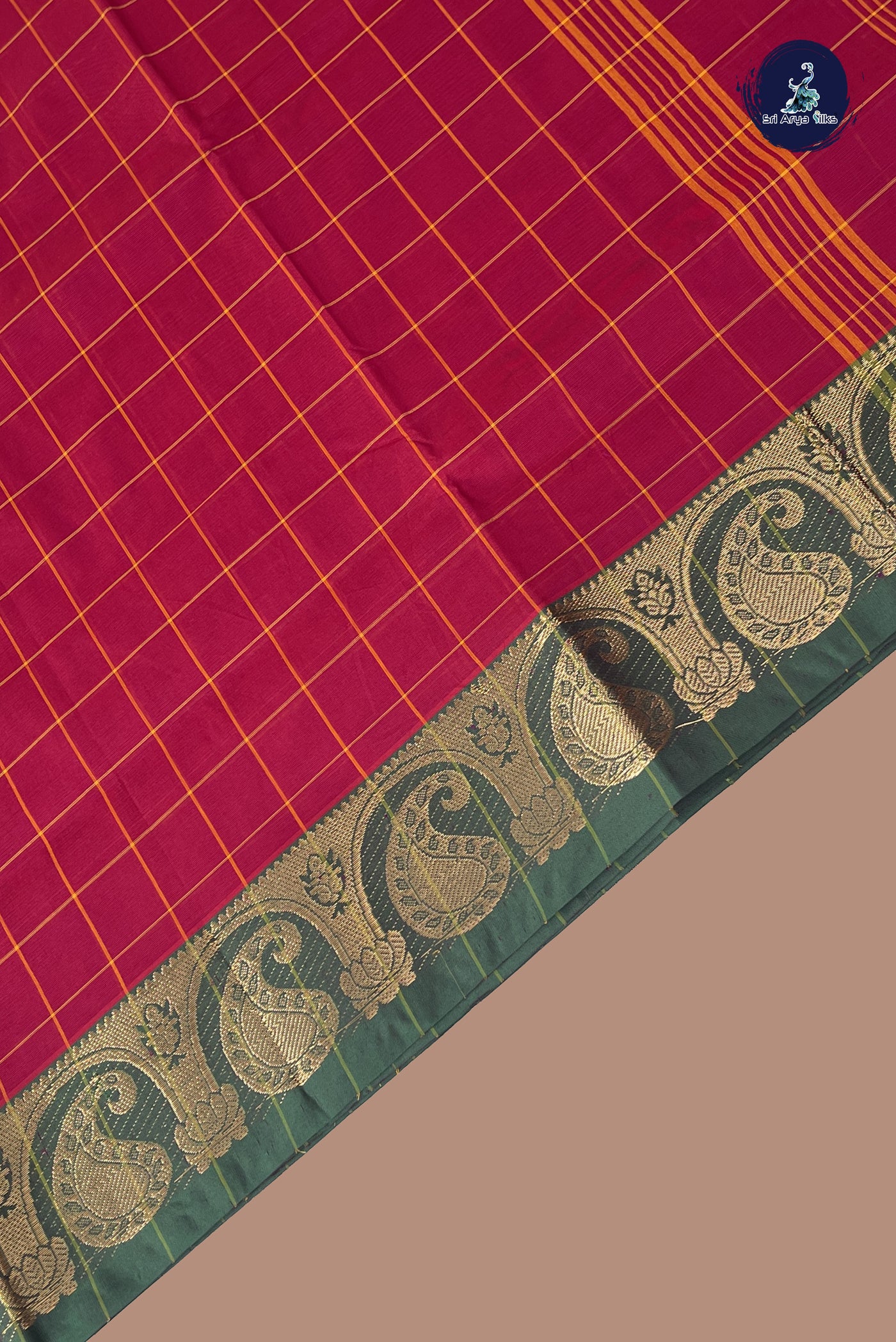 Maroon Chettinad Cotton Saree With Checked Pattern