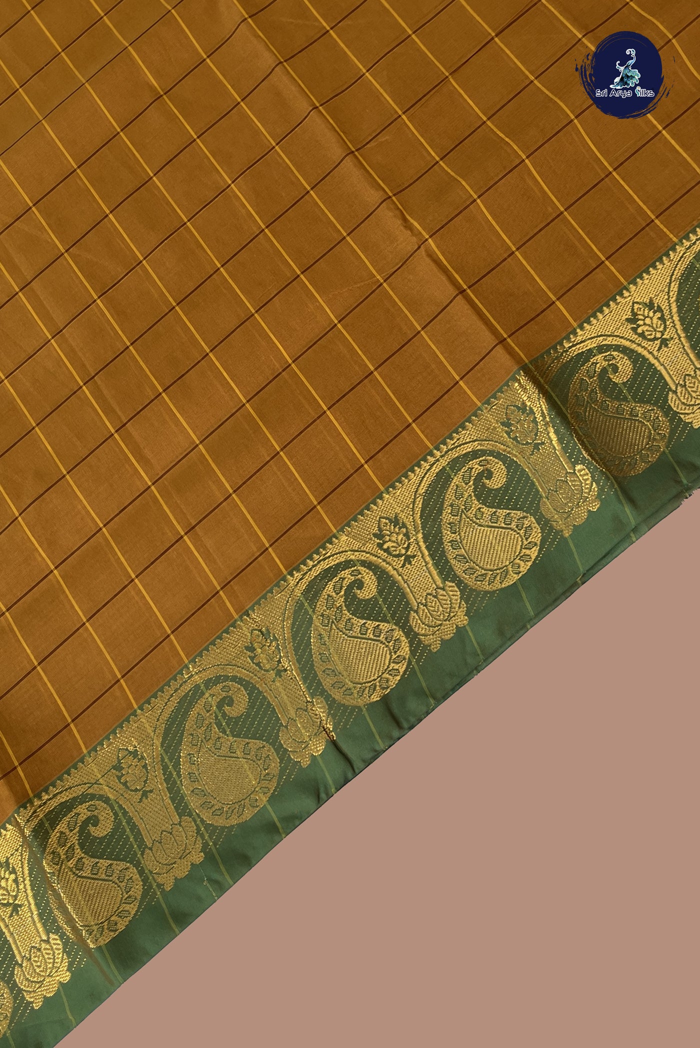 Brown Chettinad Cotton Saree With Checked Pattern