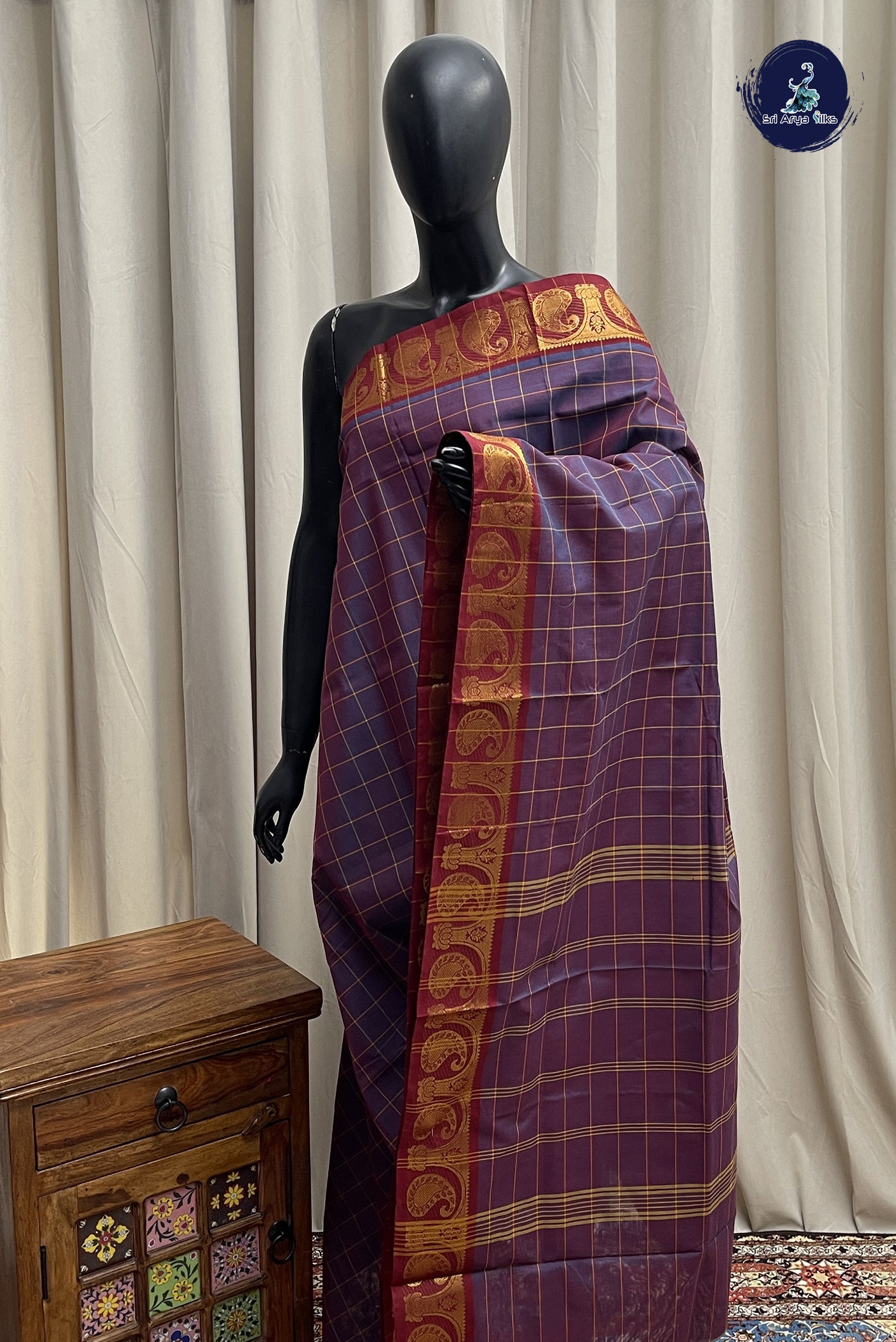 Dual Tone Blue Chettinad Cotton Saree With Checked Pattern