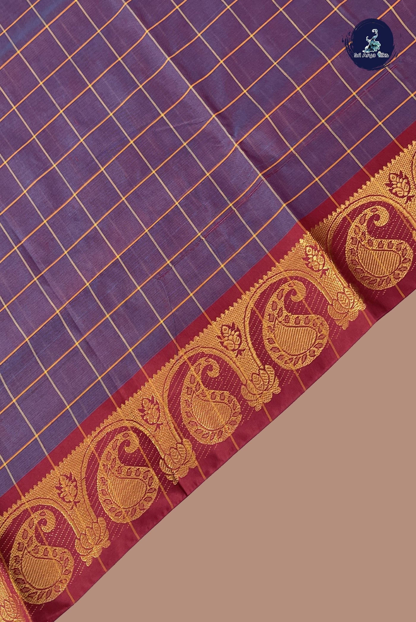 Dual Tone Blue Chettinad Cotton Saree With Checked Pattern