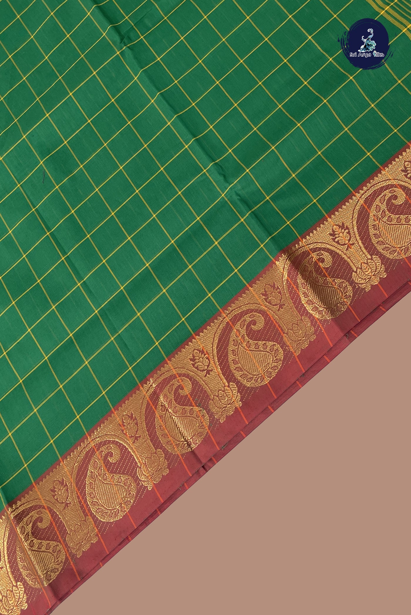 Green Chettinad Cotton Saree With Checked Pattern