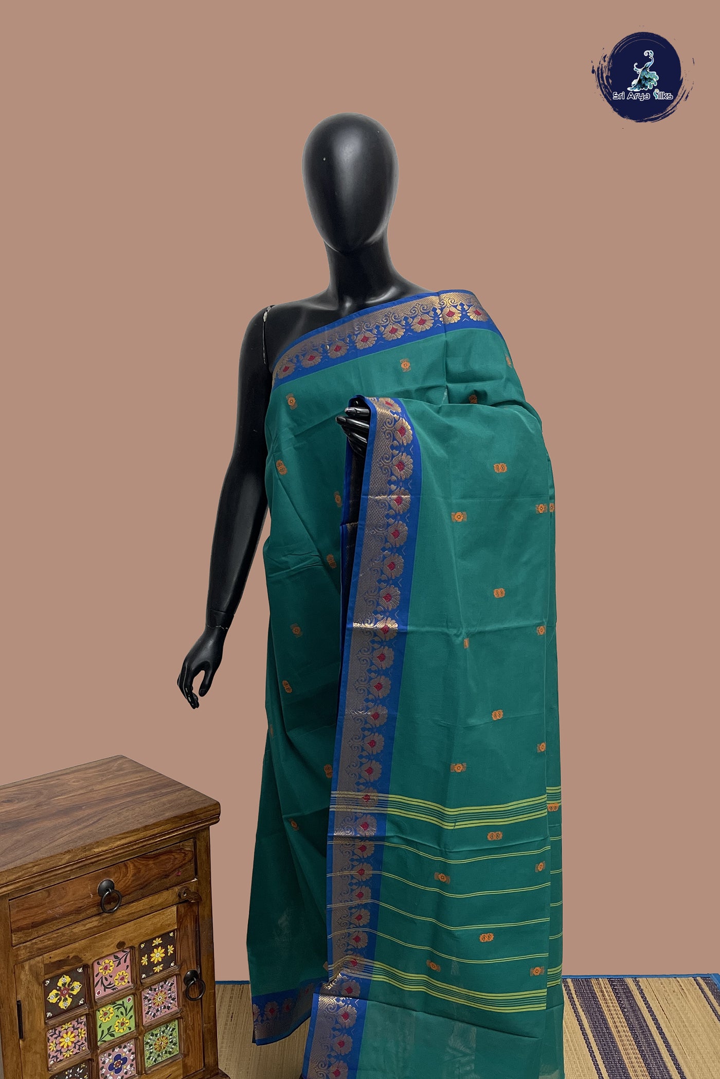 Teal Chettinad Cotton Saree With Buttas Pattern