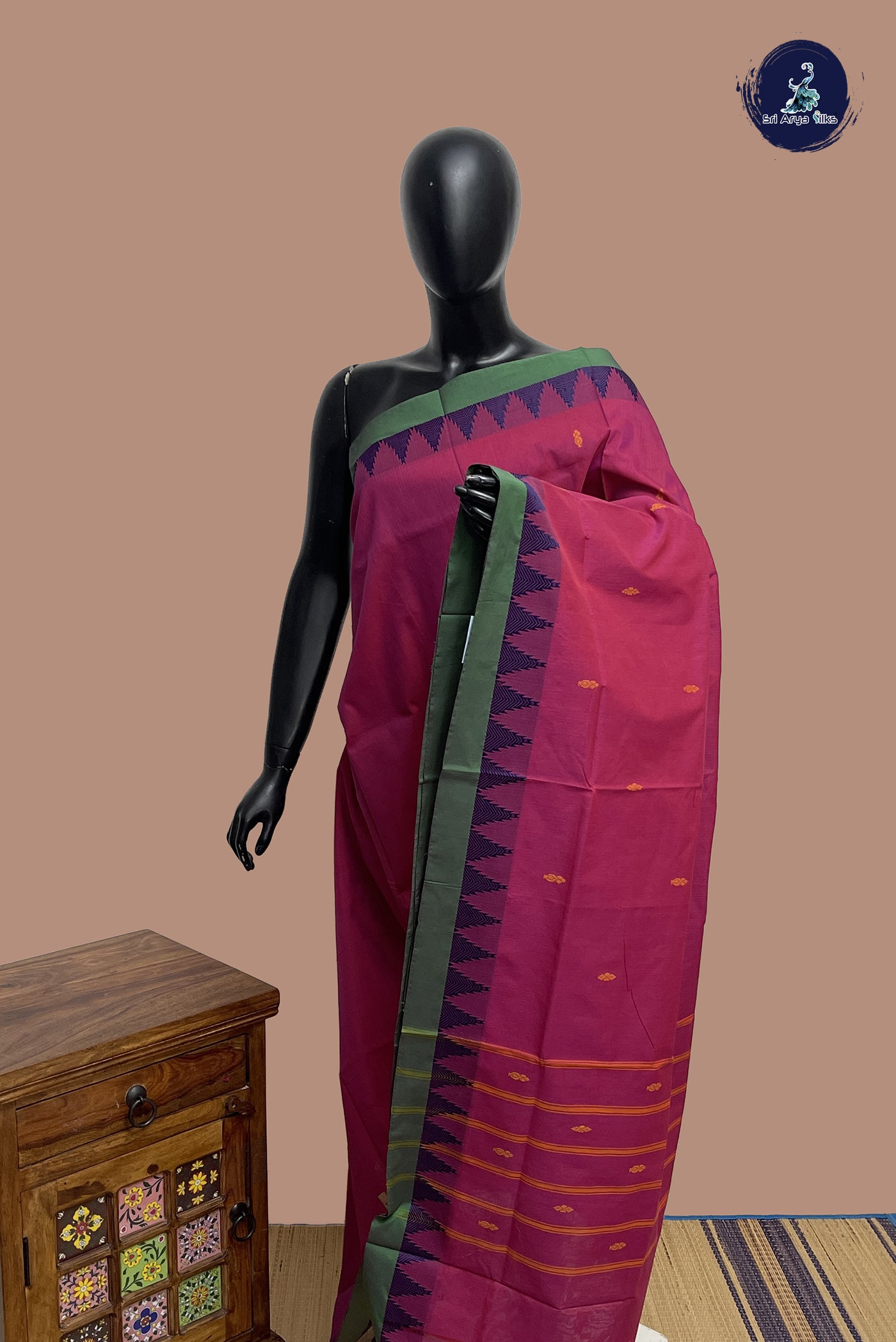 Dual Tone Pink Chettinad Cotton Saree With Buttas Pattern