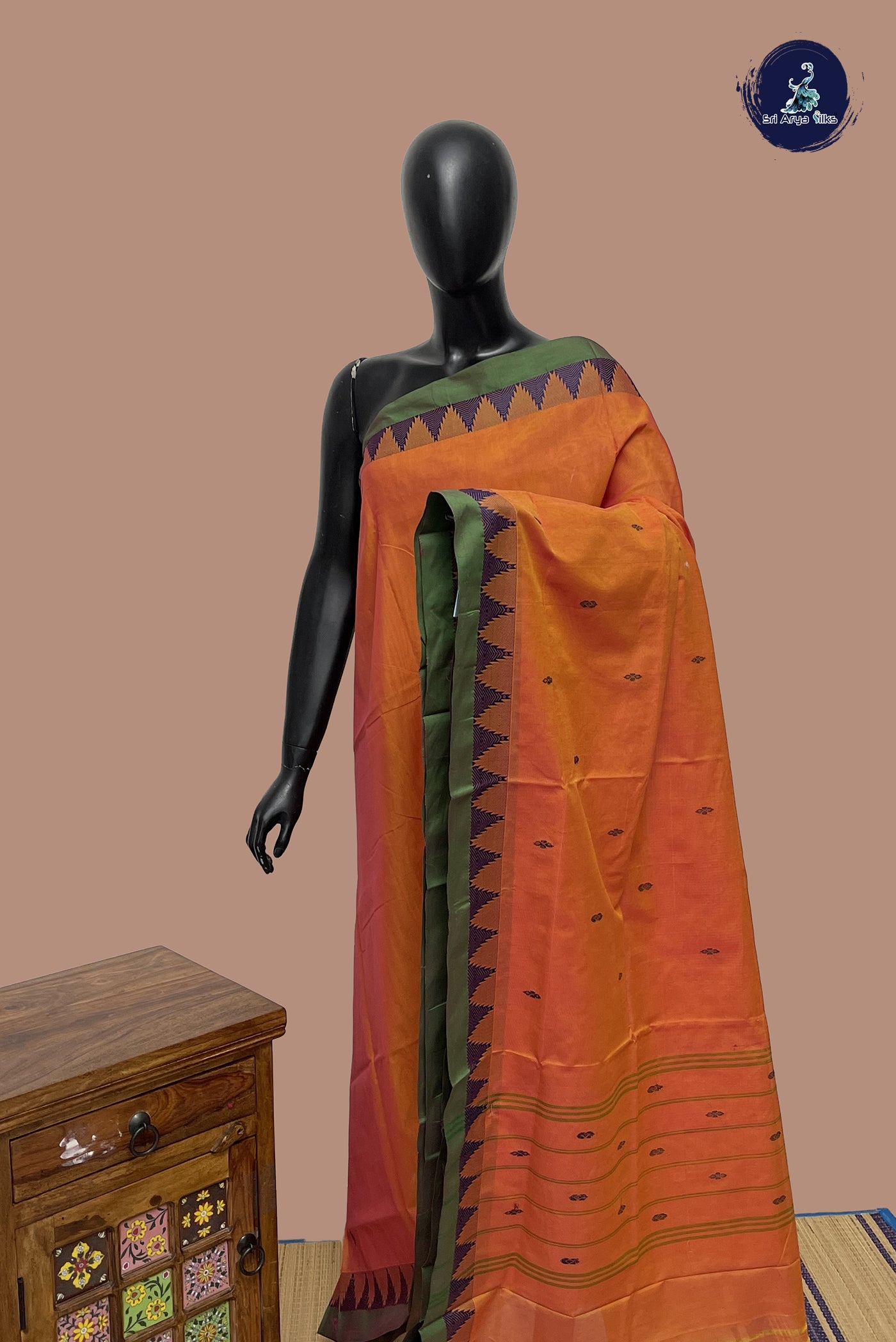 Lite Mustard Orange Chettinad Cotton Saree With Buttas Pattern