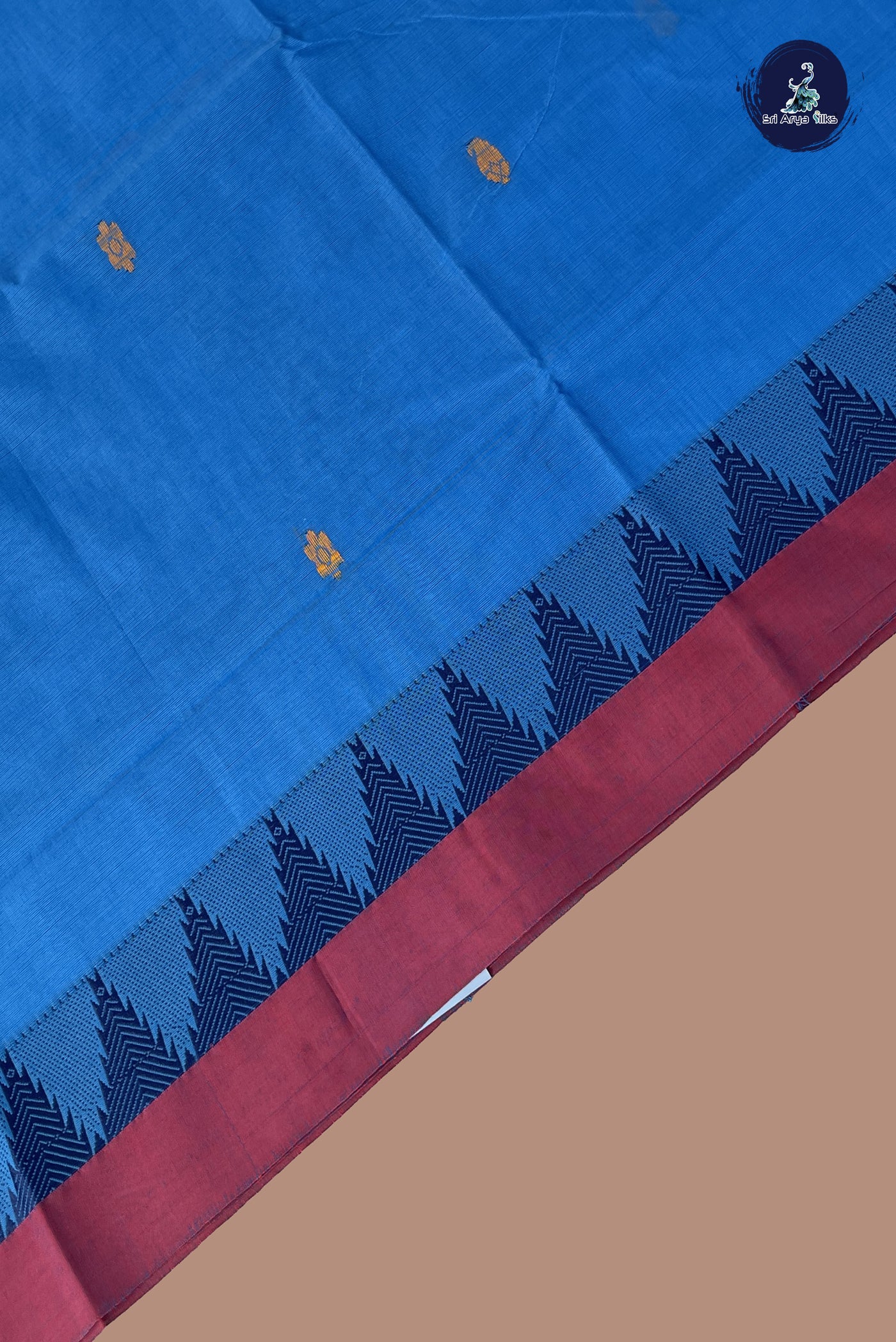 Copper Sulphate Blue Chettinad Cotton Saree With Buttas Pattern