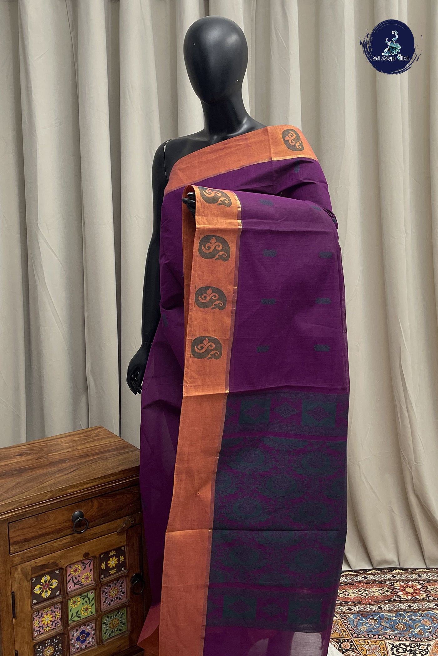 Dark Brinjal Cotton Saree With Buttas Pattern