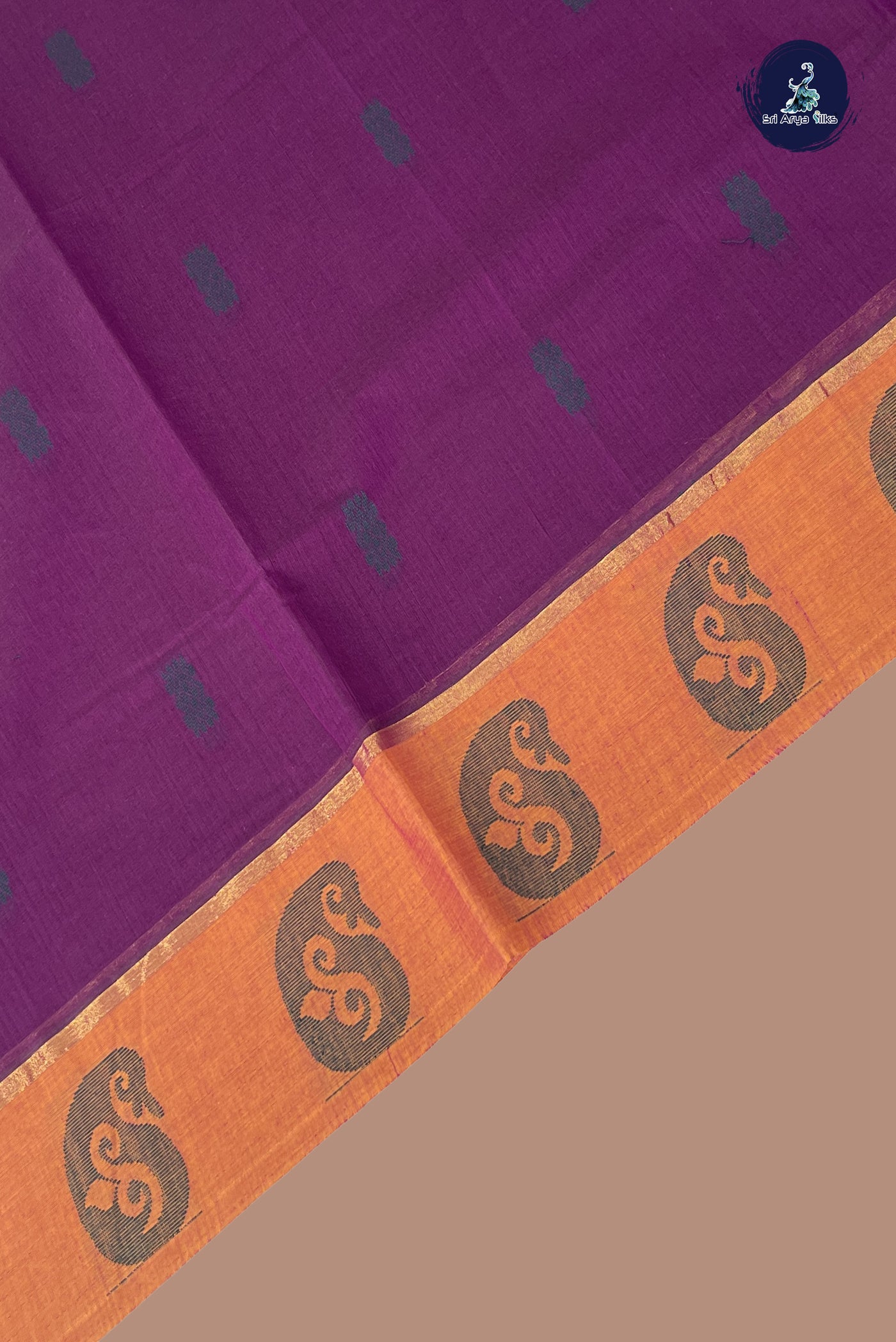Dark Brinjal Cotton Saree With Buttas Pattern