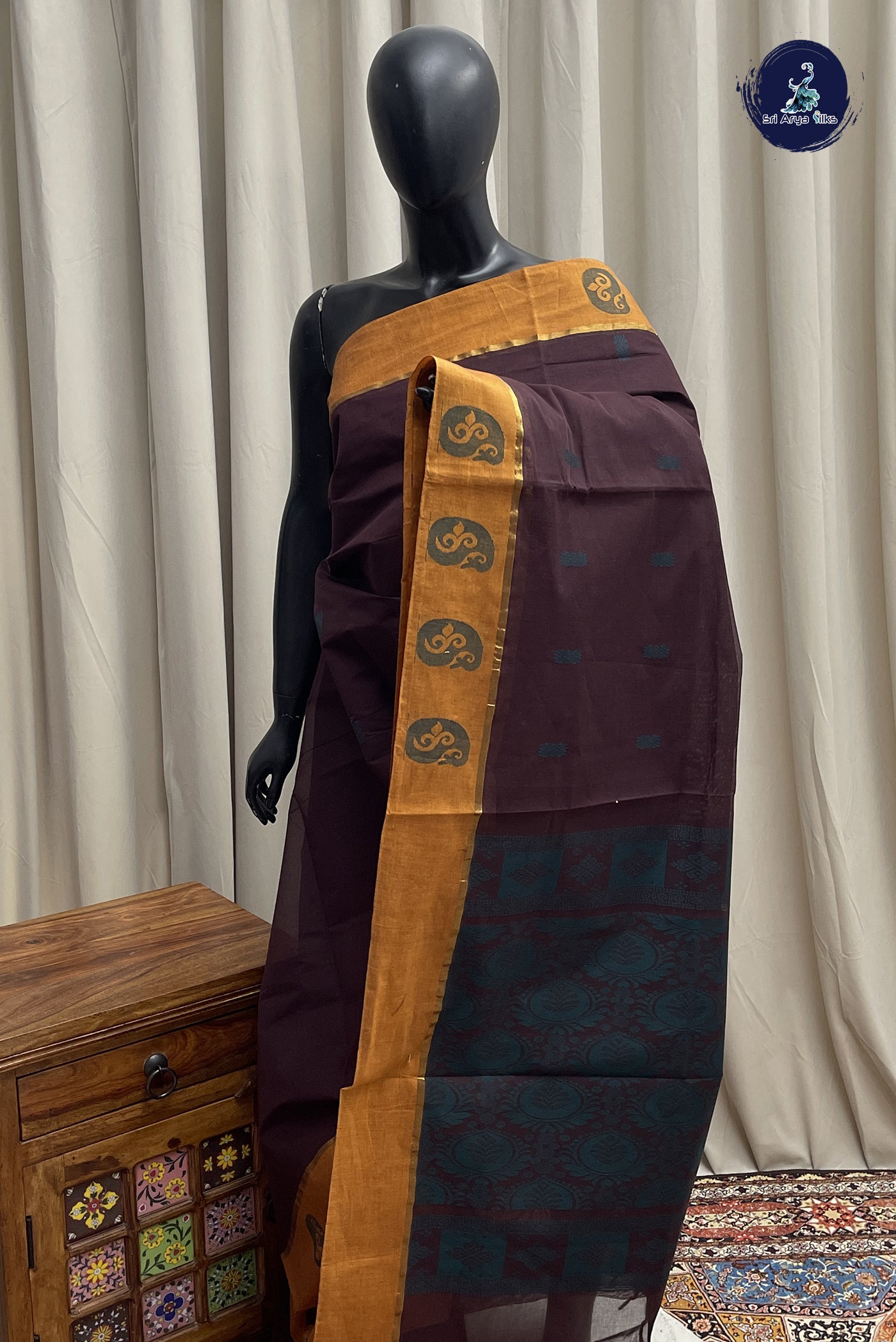 Coffee Brown Cotton Saree With Buttas Pattern