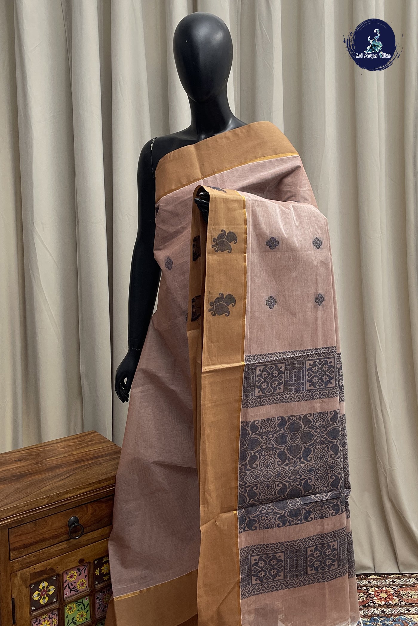 Light Brown Cotton Saree With Buttas Pattern