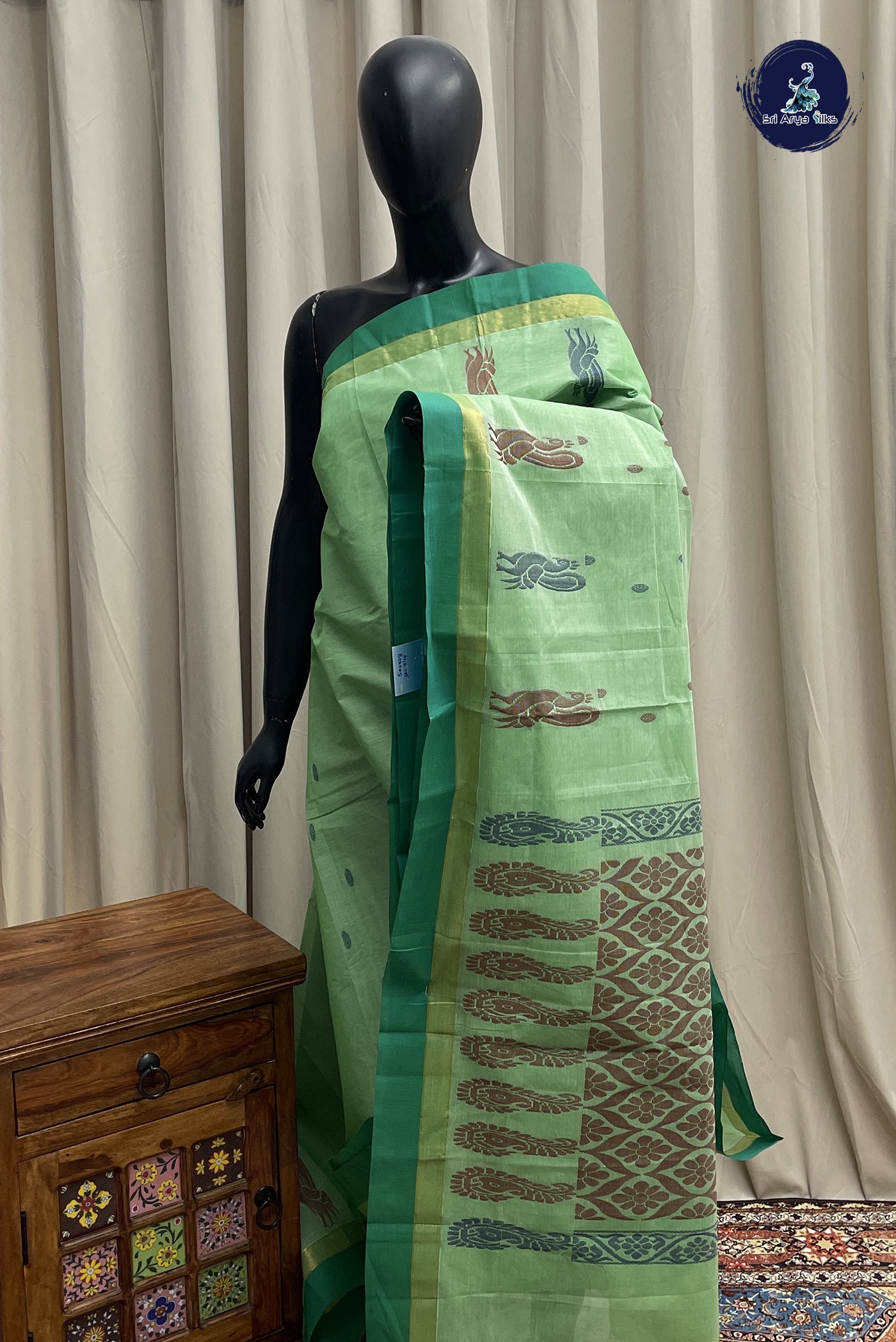 Light Green Cotton Saree With Buttas Pattern