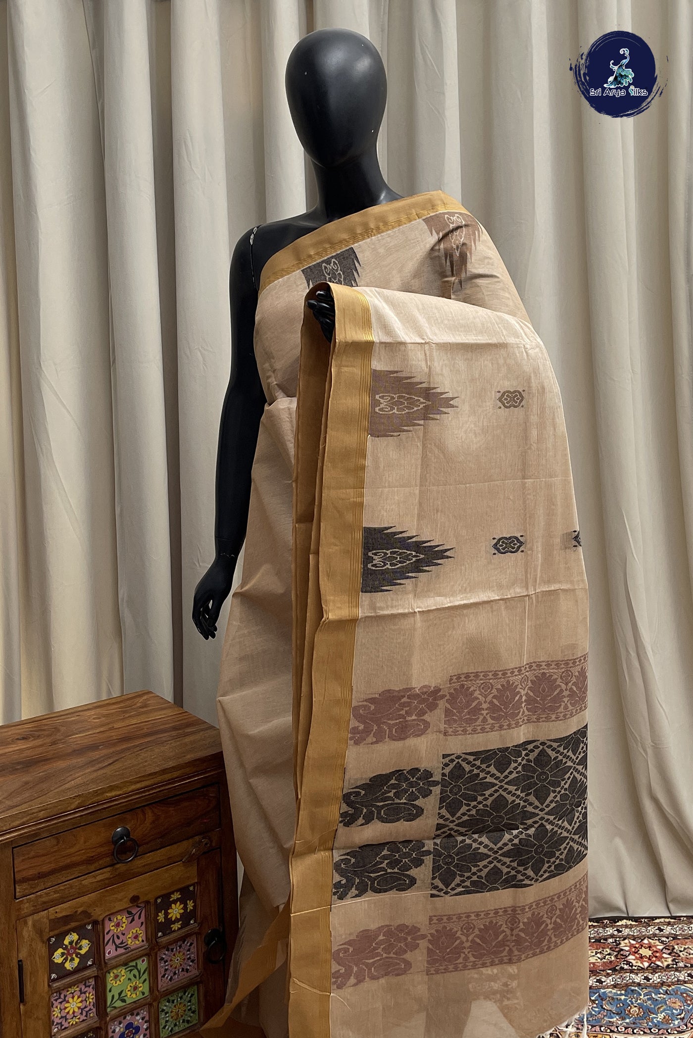 Light Brown Cotton Saree With Buttas Pattern