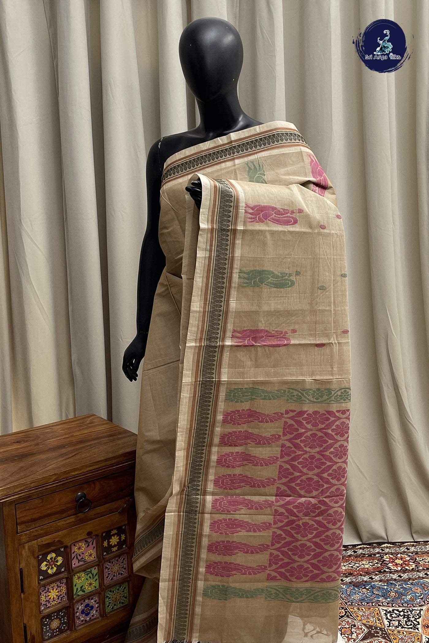 Light Brown Cotton Saree With Buttas Pattern
