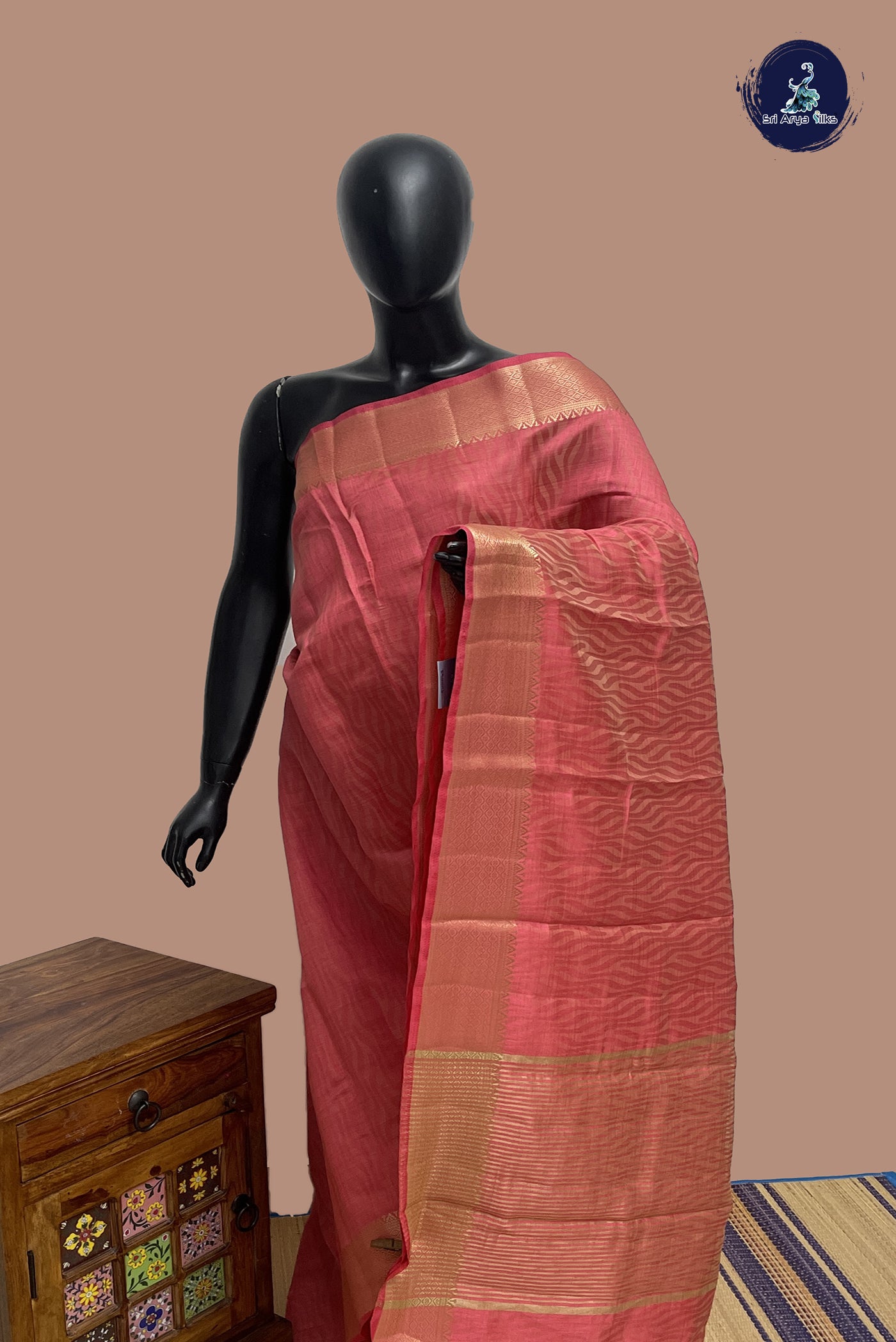 Peach Pink Semi Tussar Saree With Embossed Pattern