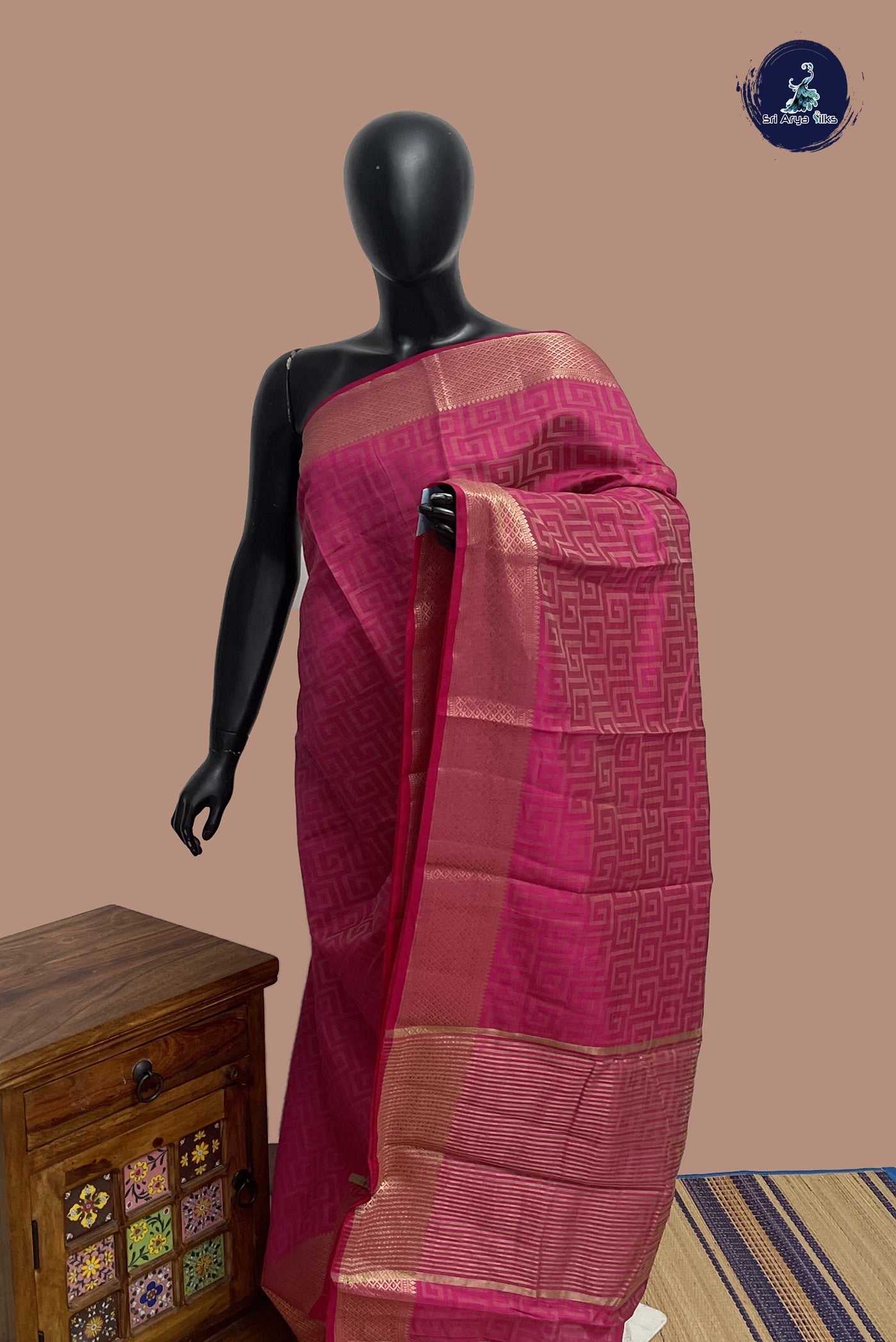 Dark Pink Semi Tussar Saree With Embossed Pattern