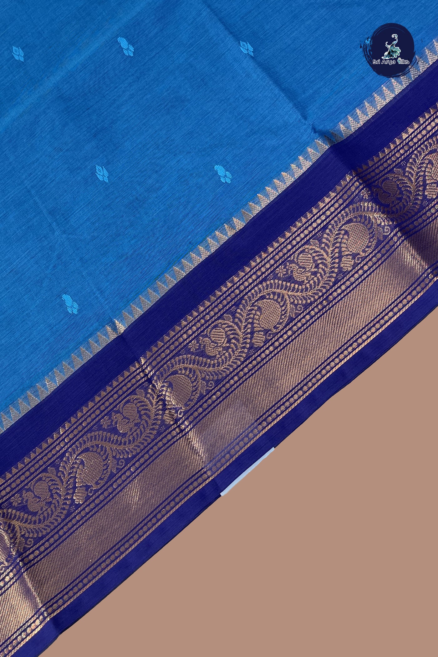Blue Chettinad Cotton Saree With Buttas Pattern
