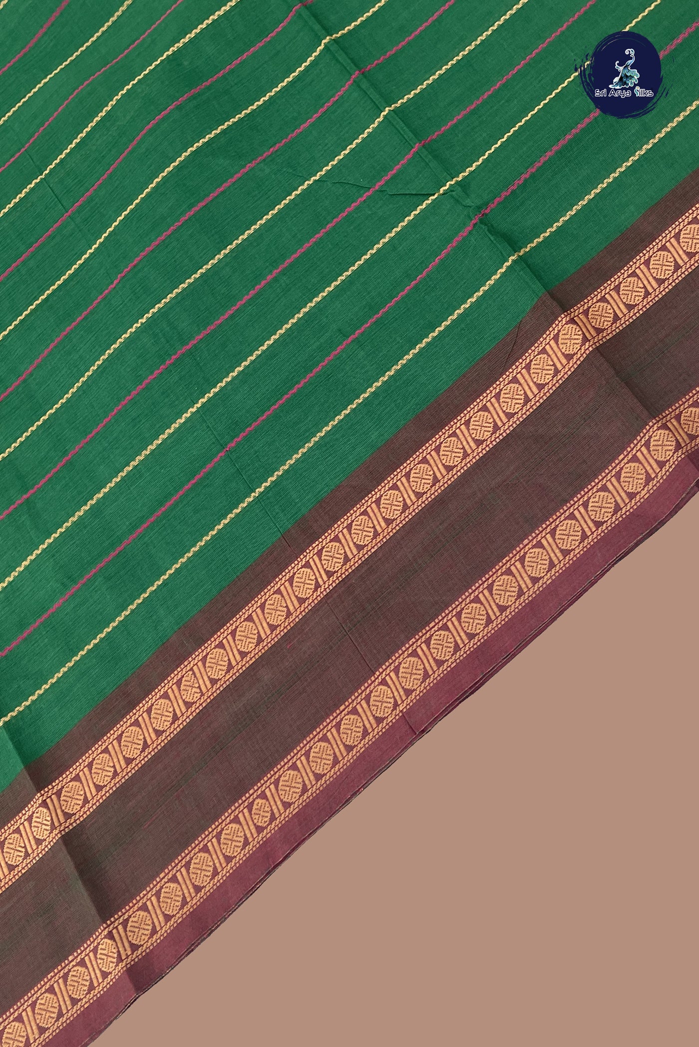 Dark Green Chettinad Cotton Saree With Veldhari Stripes Pattern