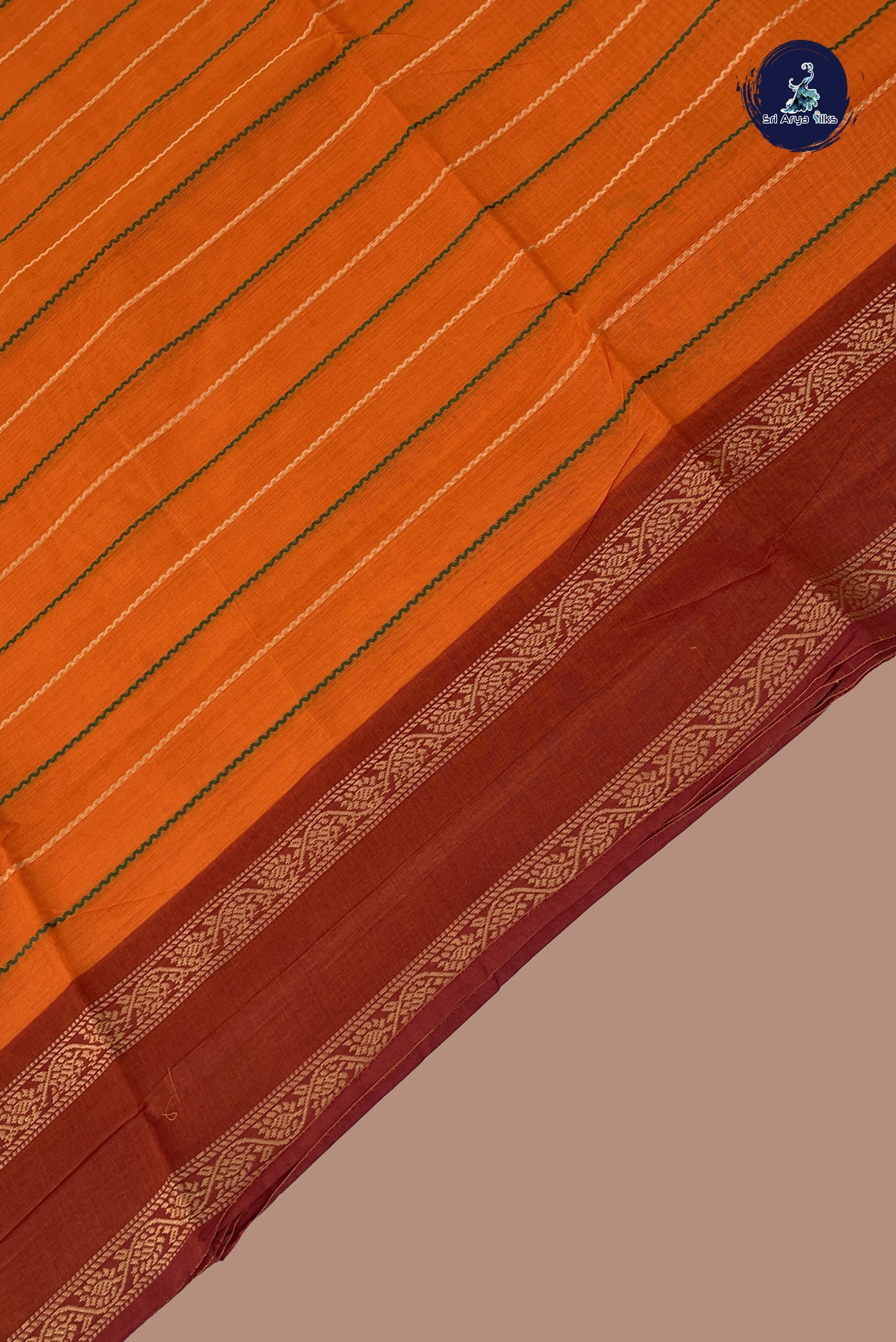 Orange Chettinad Cotton Saree With Veldhari Stripes Pattern