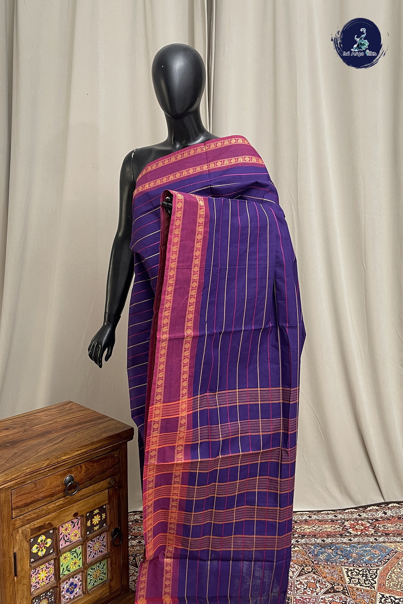 Dark Brinjal Chettinad Cotton Saree With Veldhari Stripes Pattern