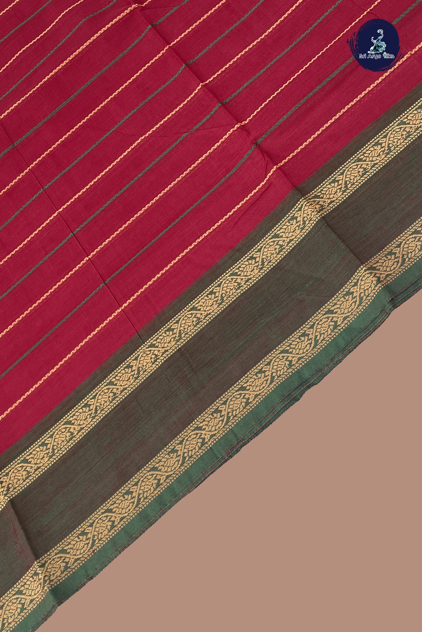 Maroon Chettinad Cotton Saree With Veldhari Stripes Pattern