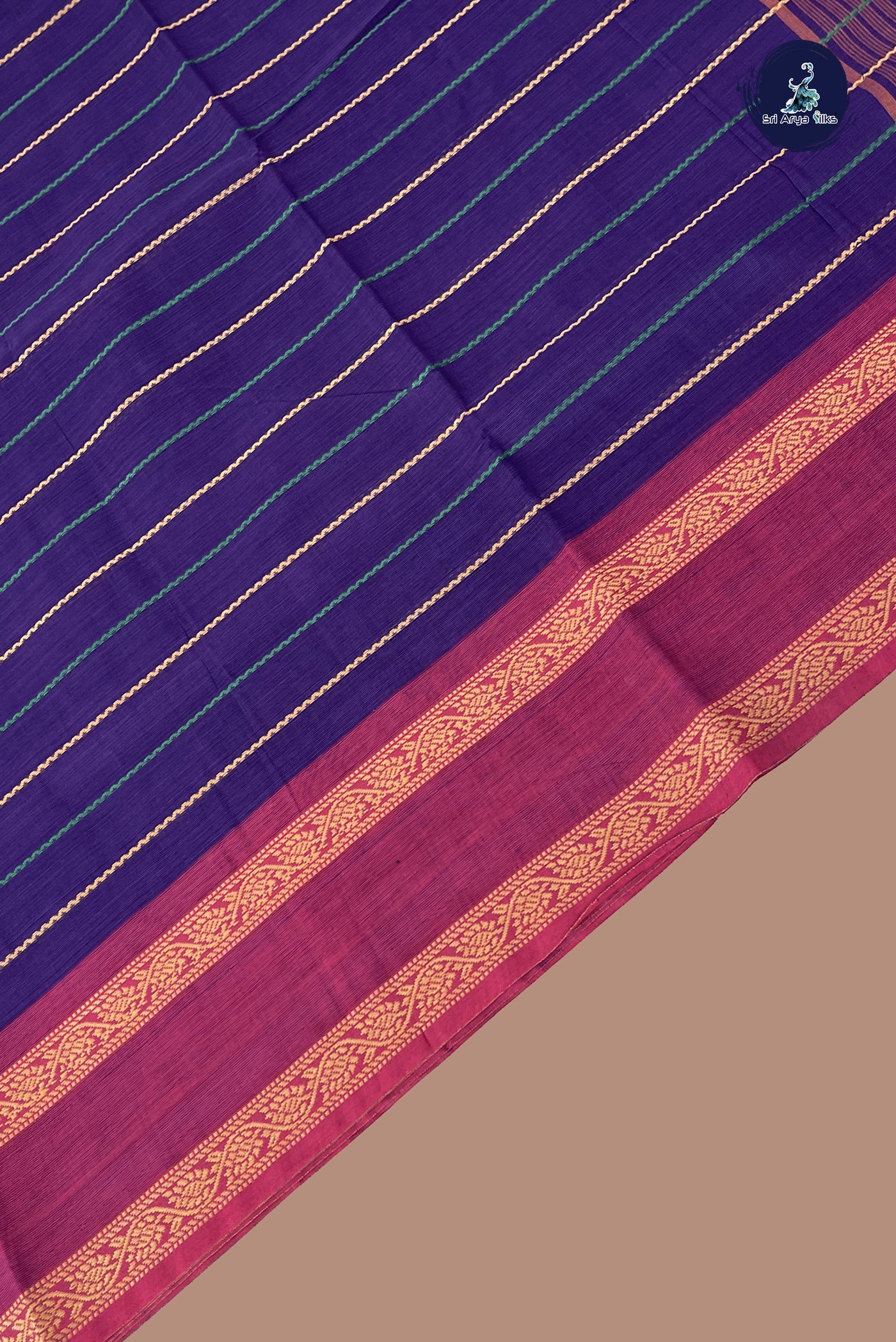 Dark Brinjal Chettinad Cotton Saree With Veldhari Stripes Pattern