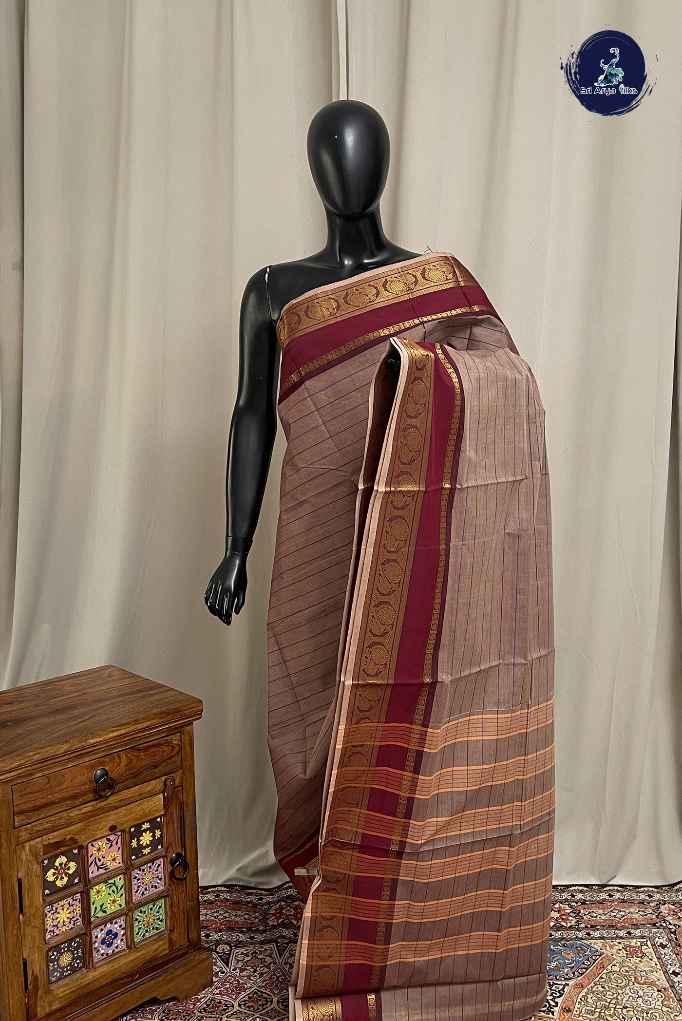Light Brown Chettinad Cotton Saree With Stripes Pattern