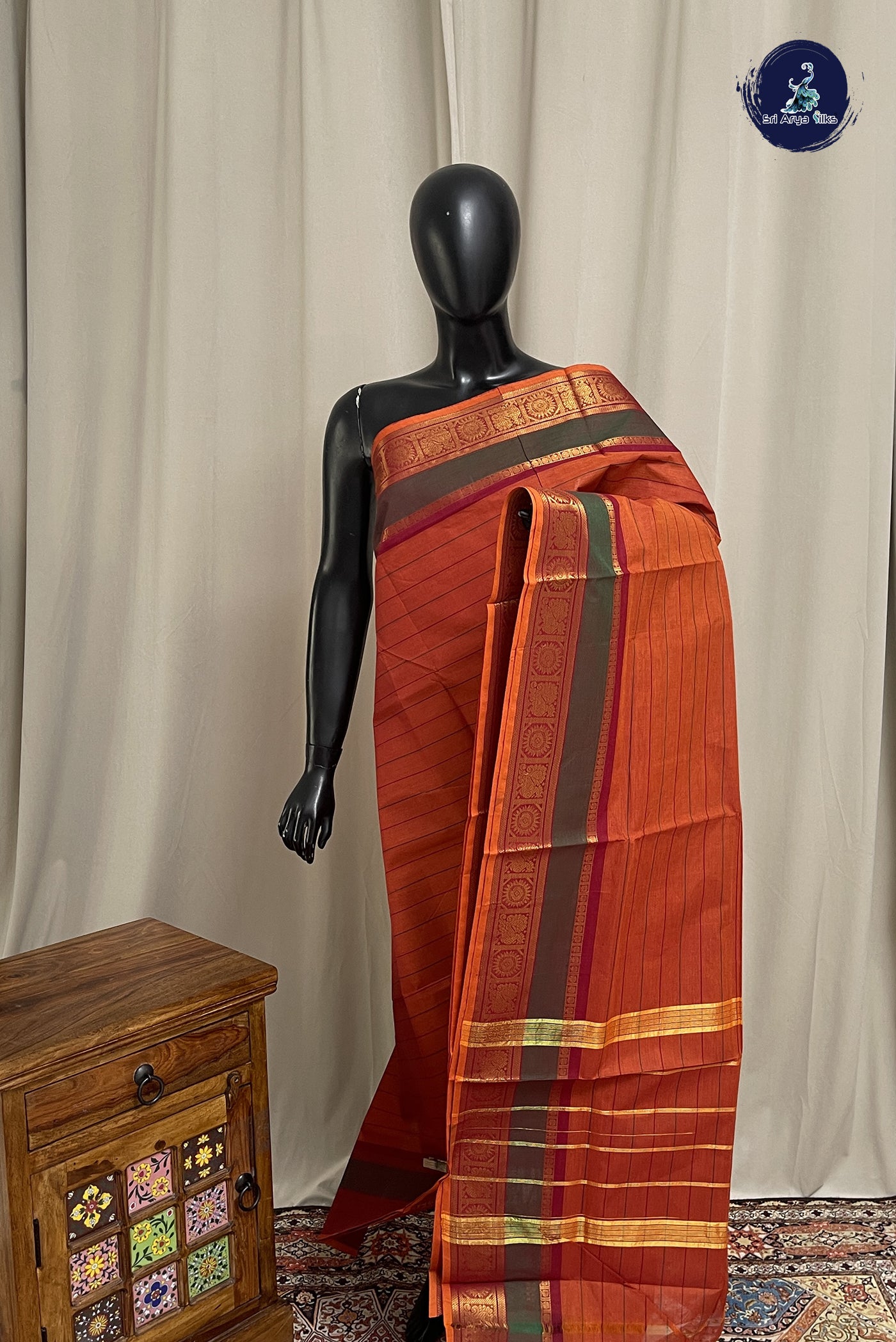 Rust Chettinad Cotton Saree With Stripes Pattern