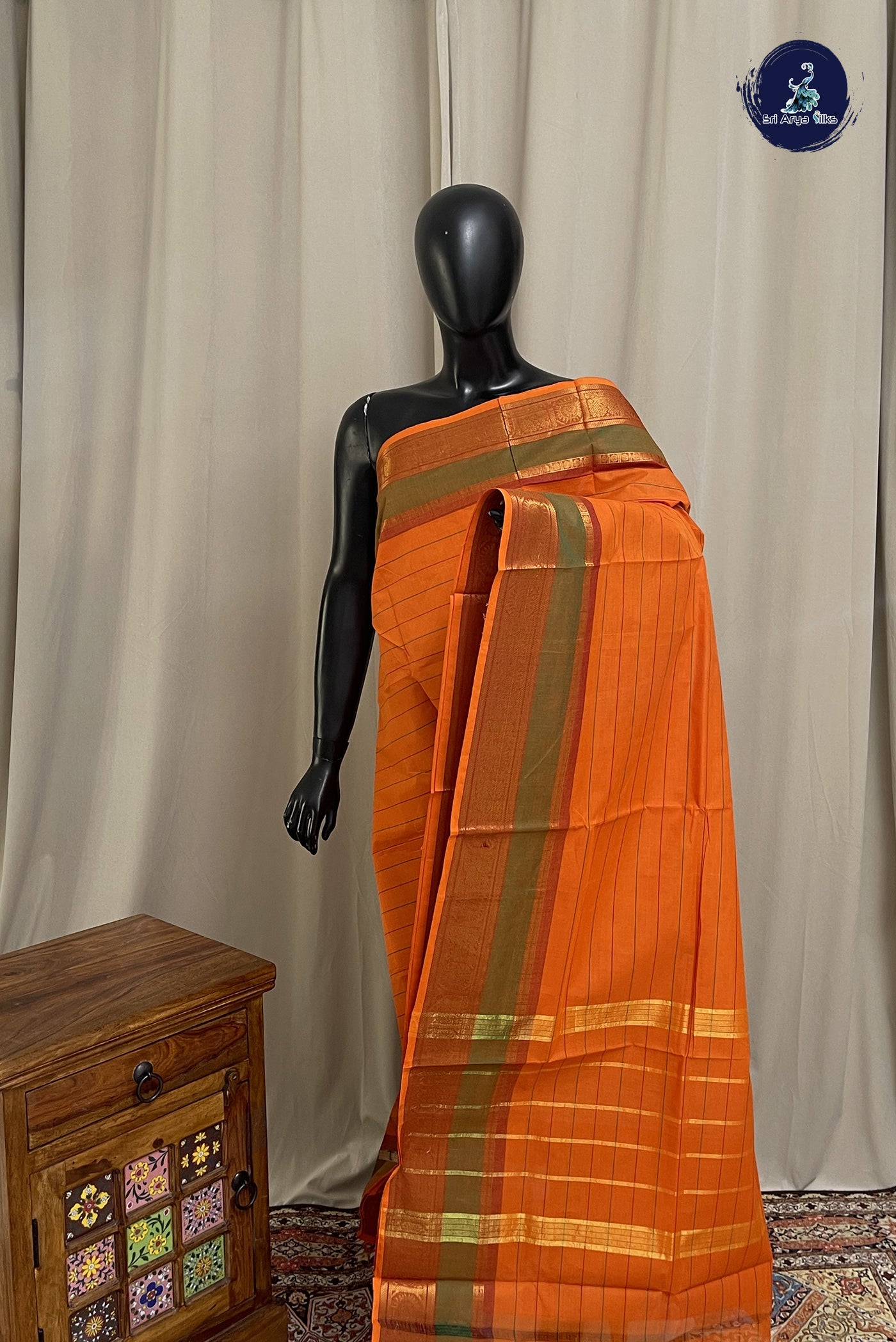 Orange Chettinad Cotton Saree With Stripes Pattern