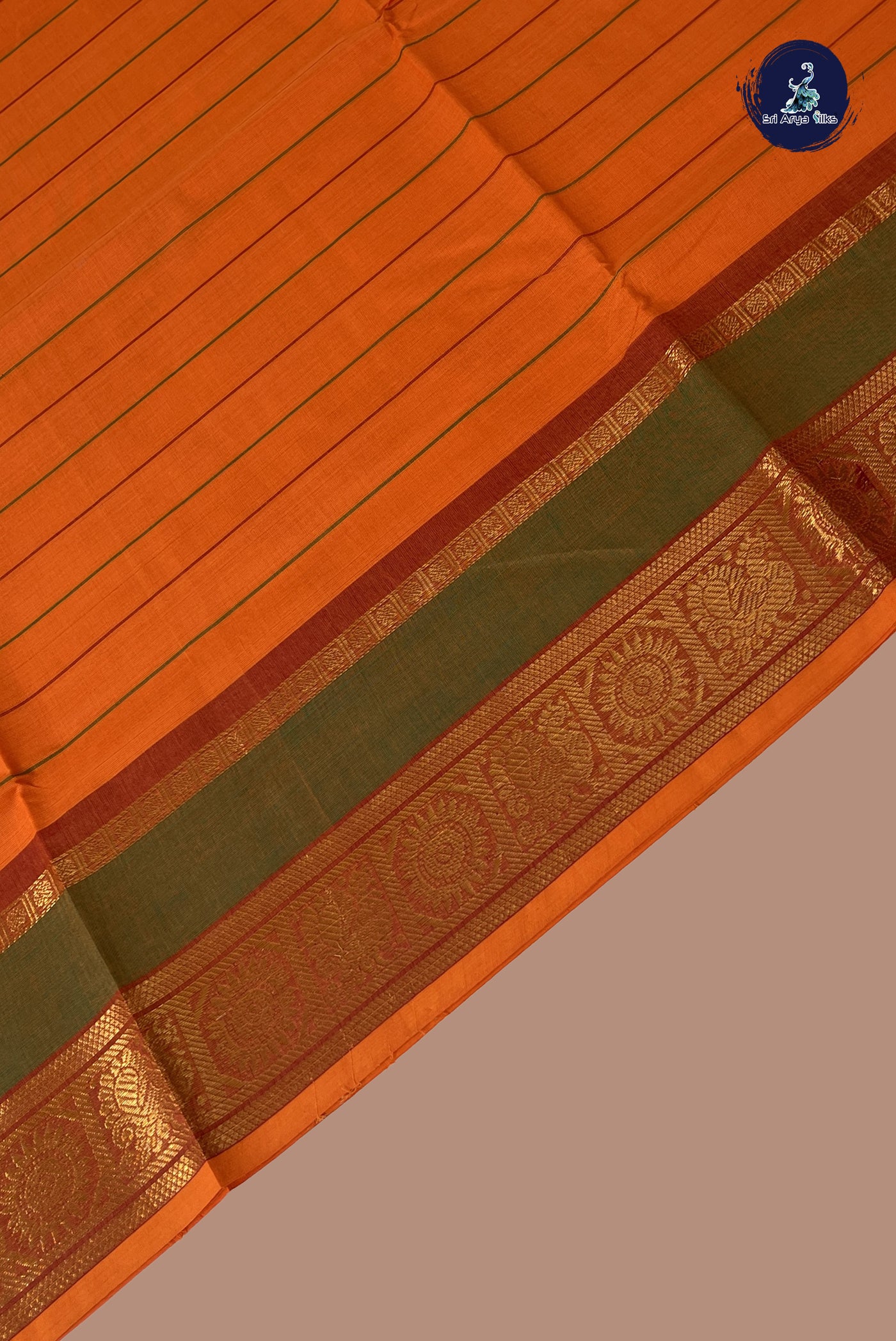 Orange Chettinad Cotton Saree With Stripes Pattern