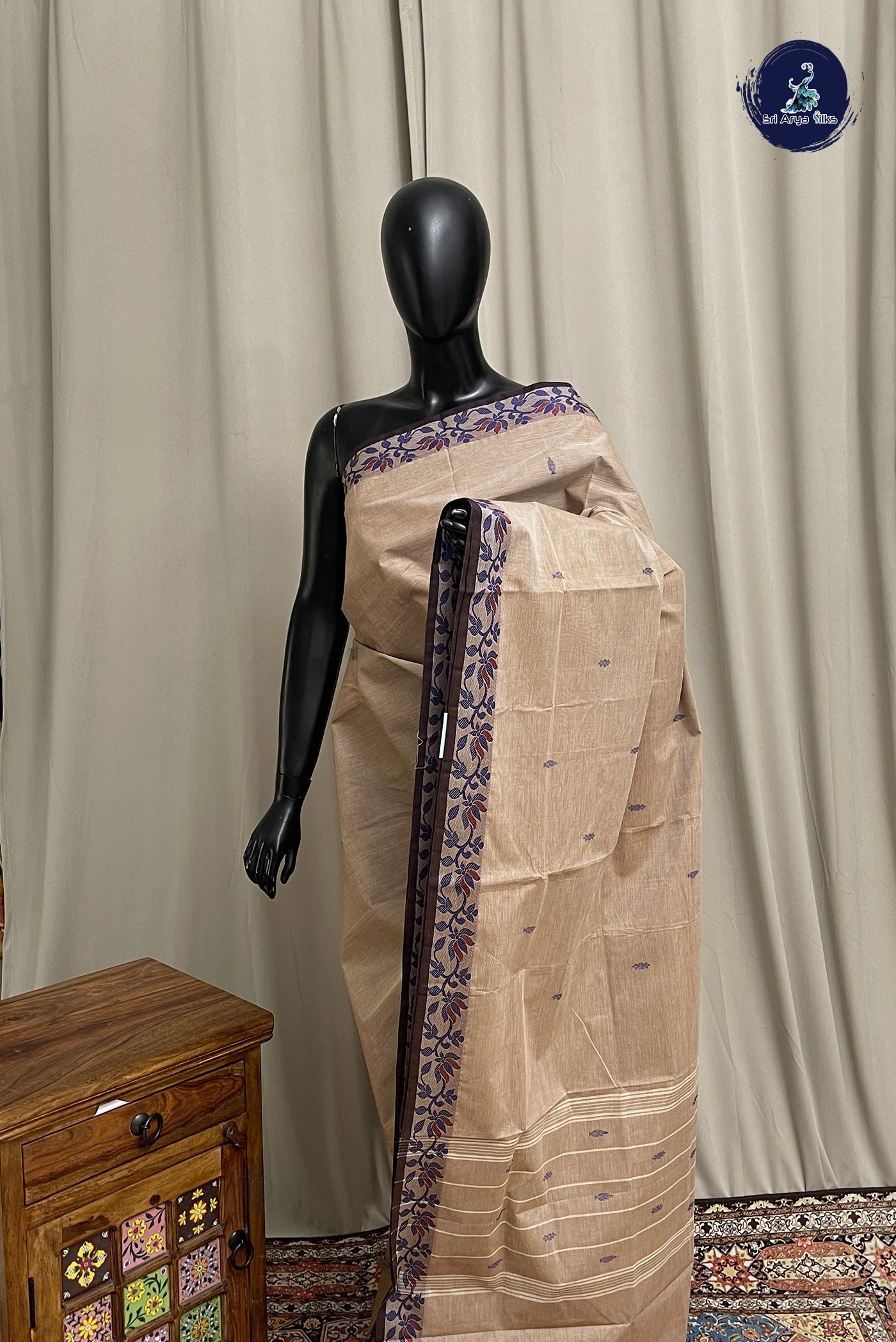 Light Brown Chettinad Cotton Saree With Buttas Pattern