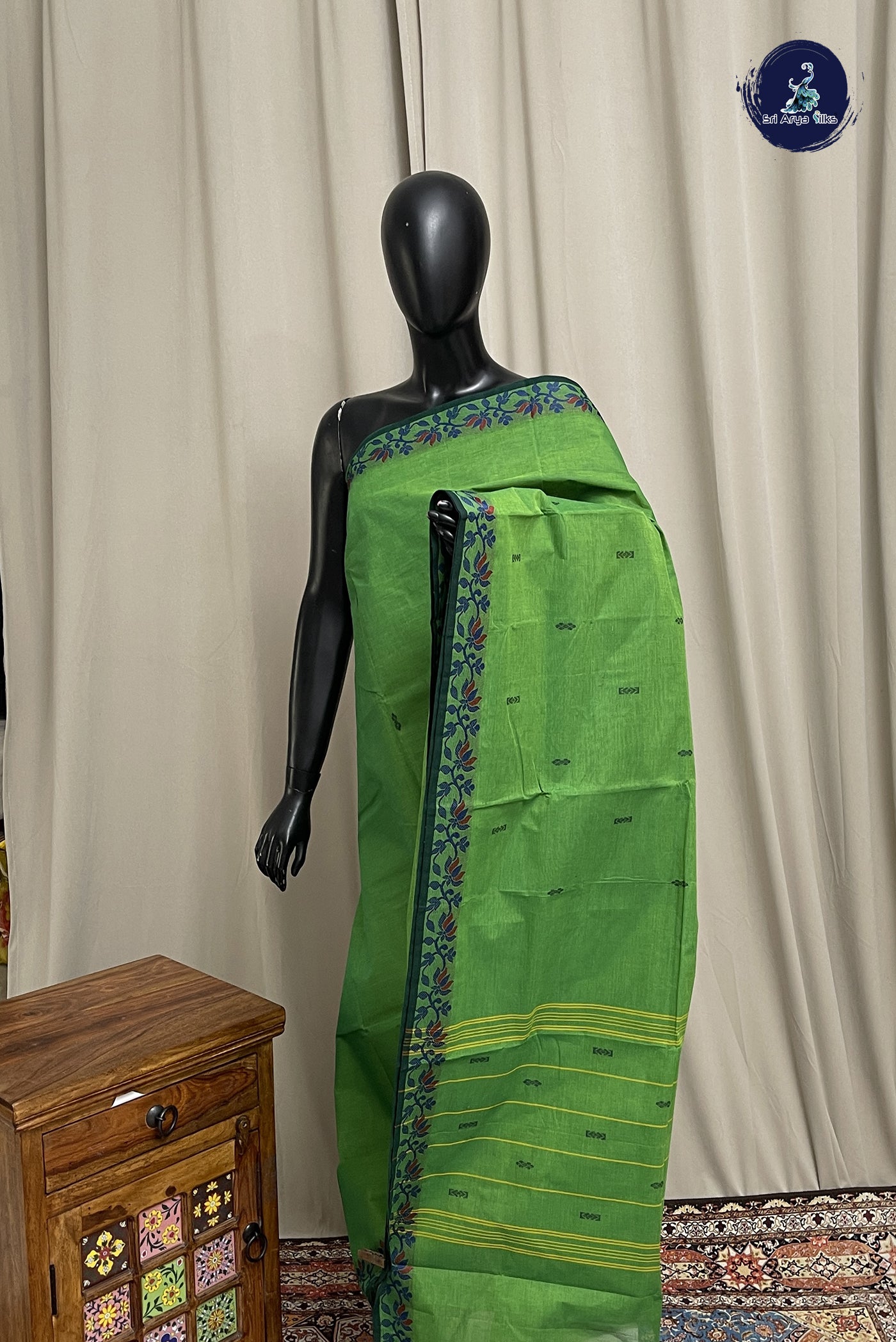 Green Chettinad Cotton Saree With Buttas Pattern