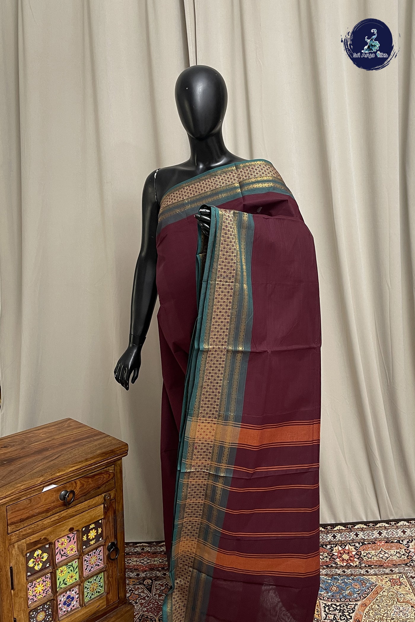 Coffee Brown Chettinad Cotton Saree With Plain Pattern