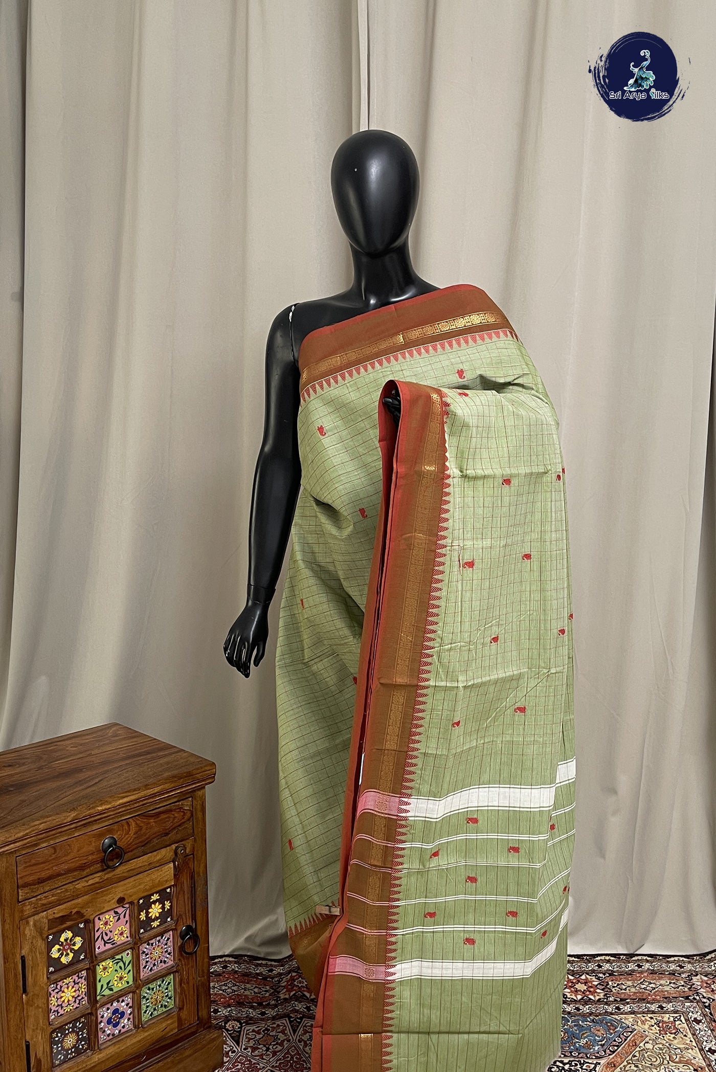 Pastel Green Chettinad Cotton Saree With Checked Pattern