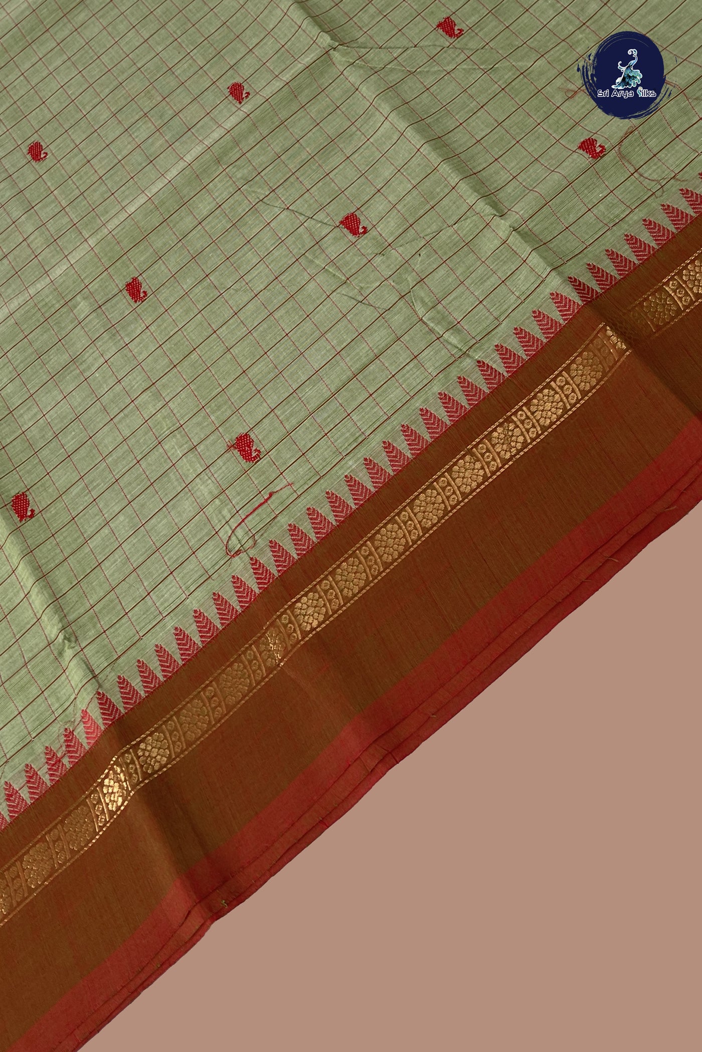 Pastel Green Chettinad Cotton Saree With Checked Pattern
