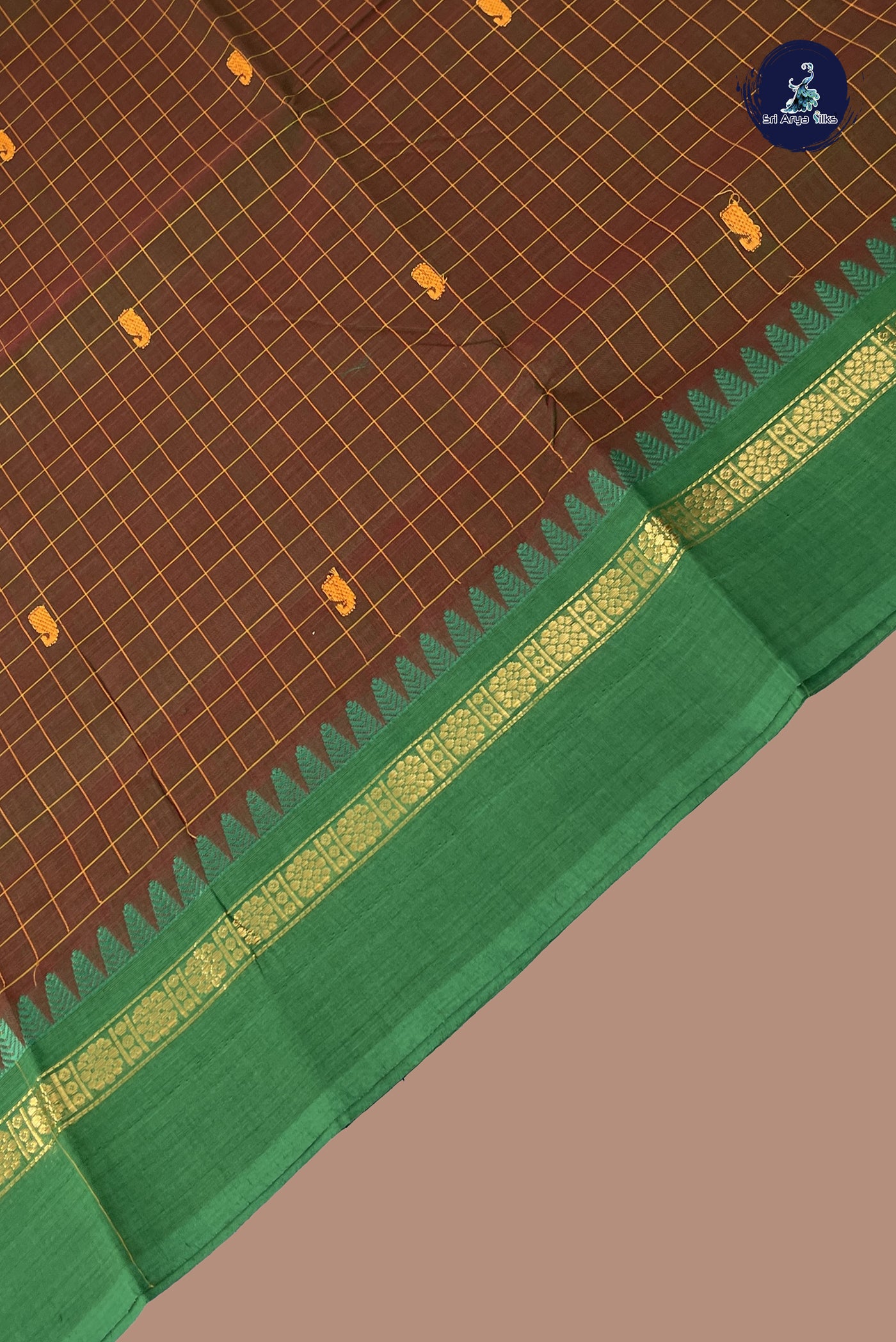 Brown Chettinad Cotton Saree With Checked Pattern