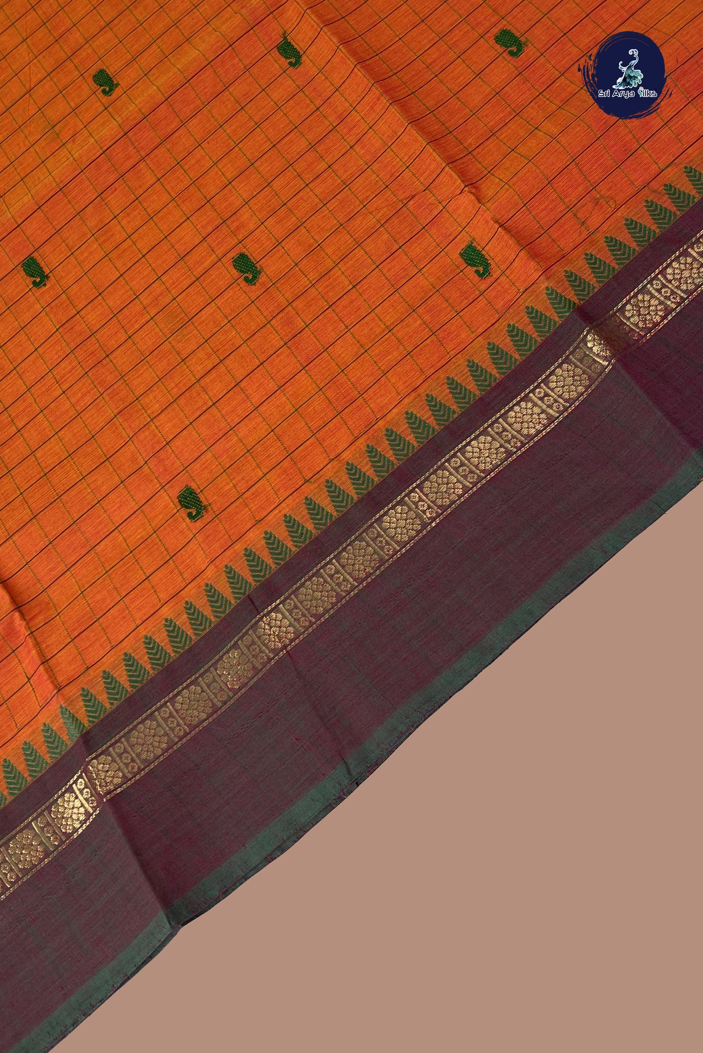 Rust Chettinad Cotton Saree With Checked Pattern