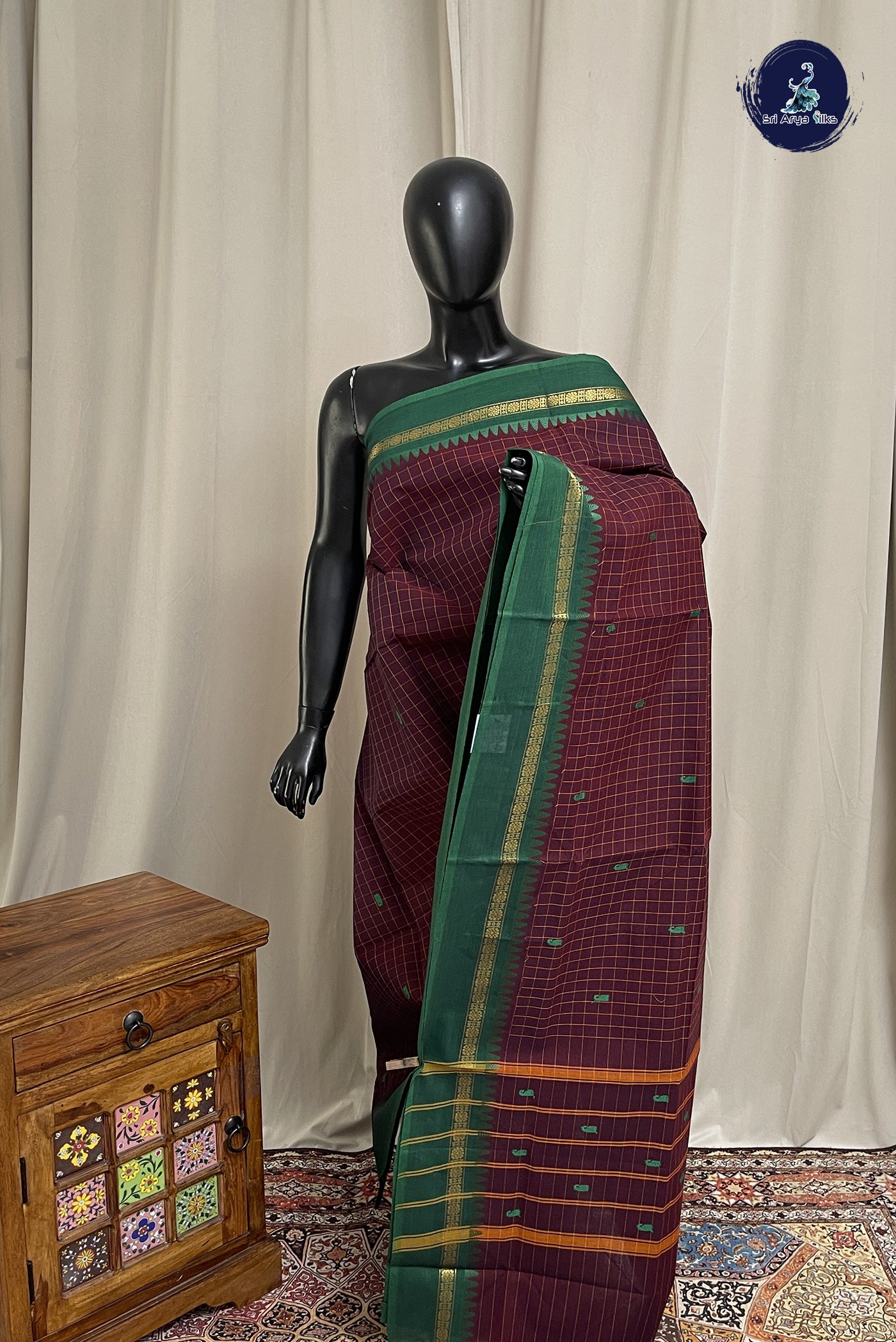 Coffee Brown Chettinad Cotton Saree With Checked Pattern