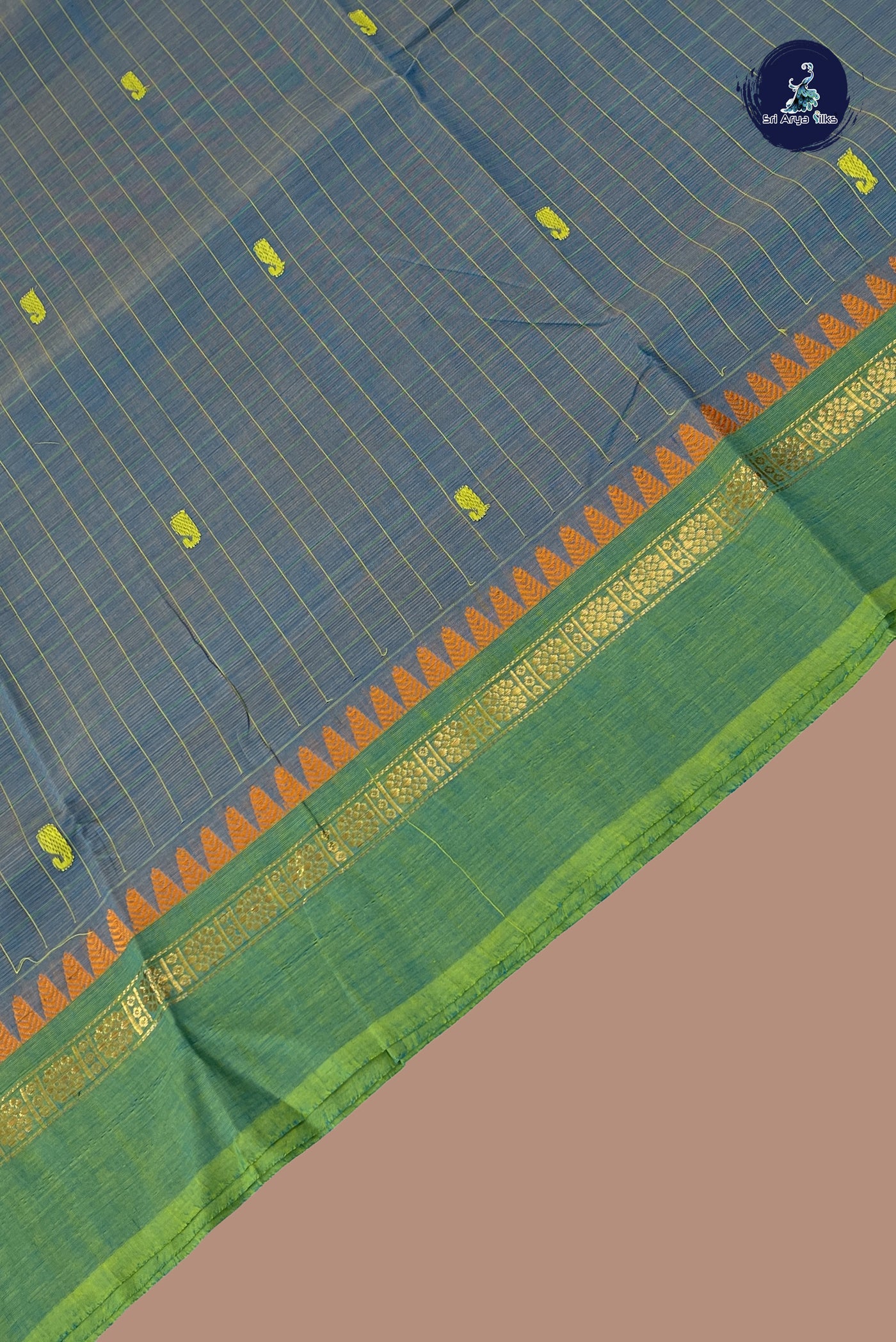 Dual Tone Blue Chettinad Cotton Saree With Checked Pattern
