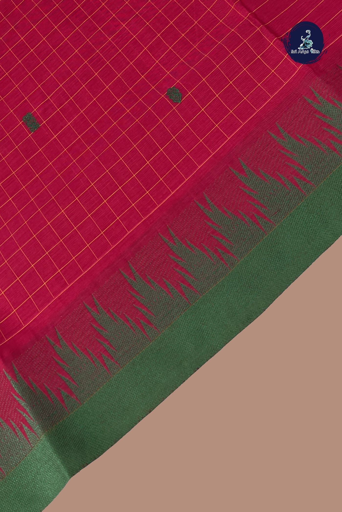 Red Chettinad Cotton Saree With Checked Pattern