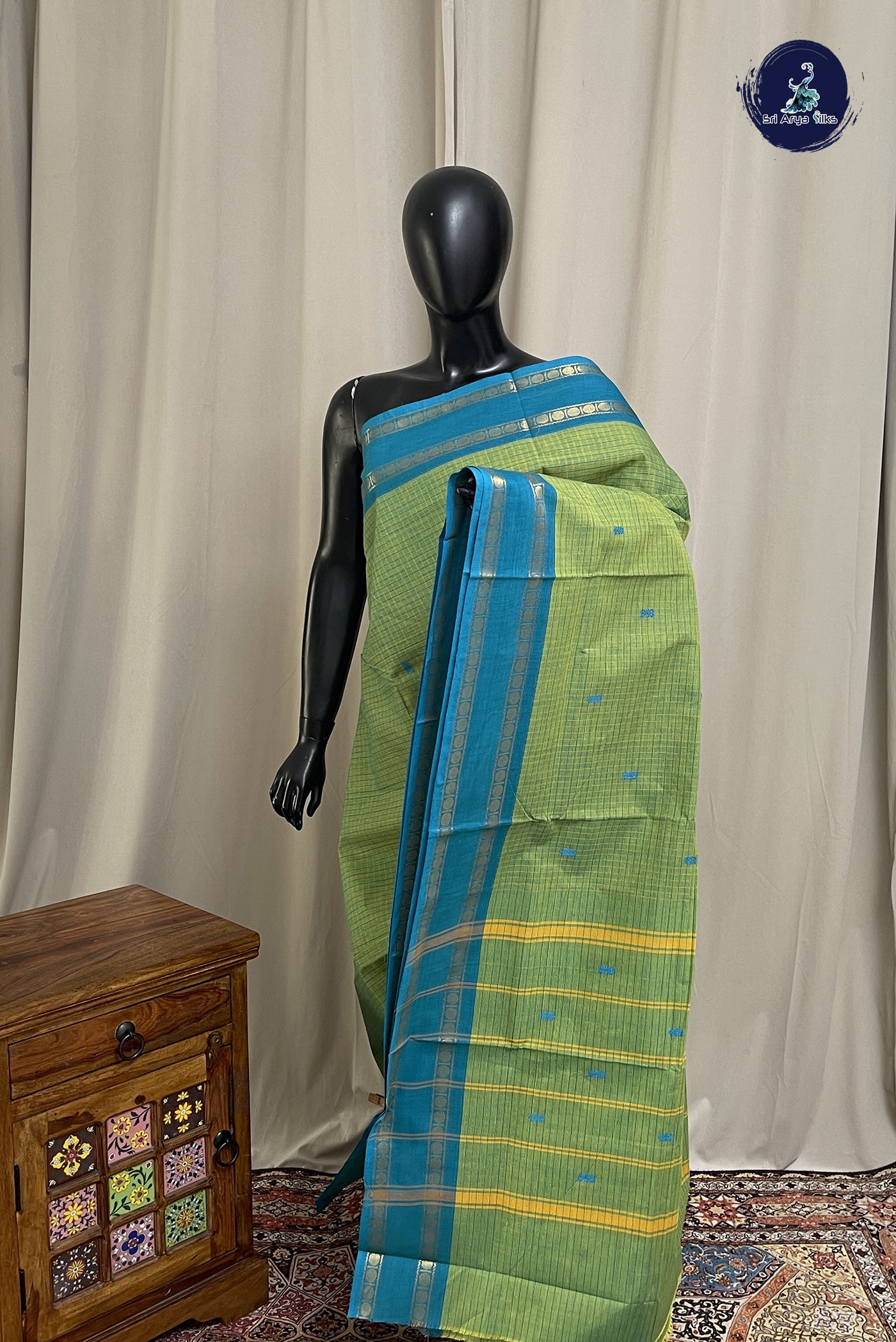 Green Chettinad Cotton Saree With Checked Pattern