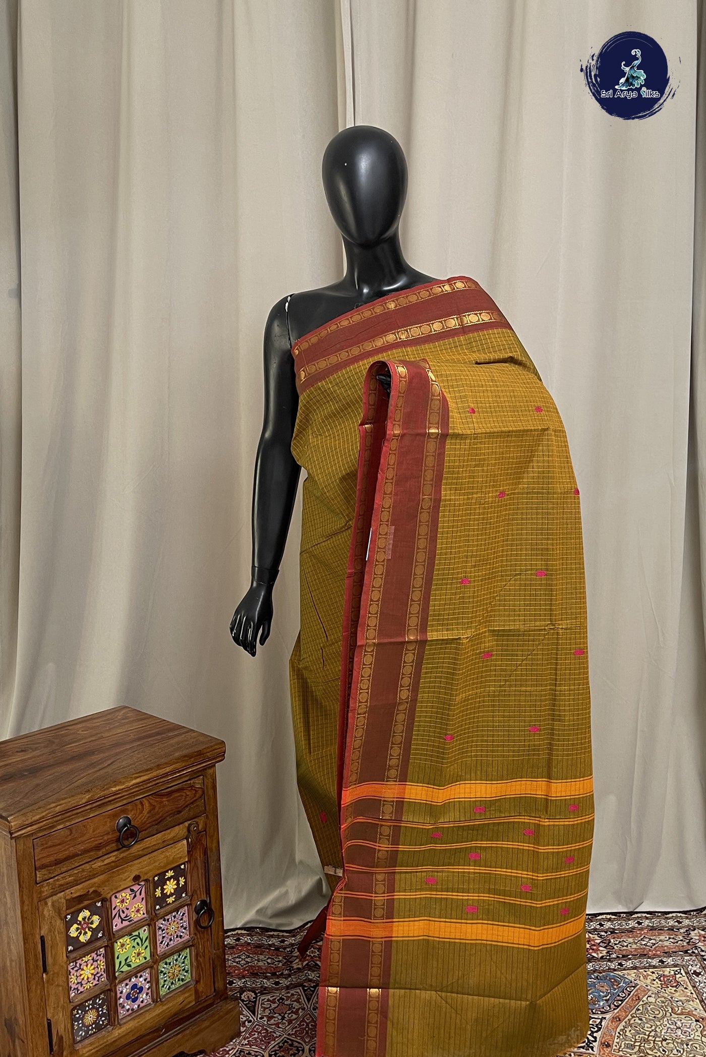 Golden Mustard Chettinad Cotton Saree With Checked Pattern
