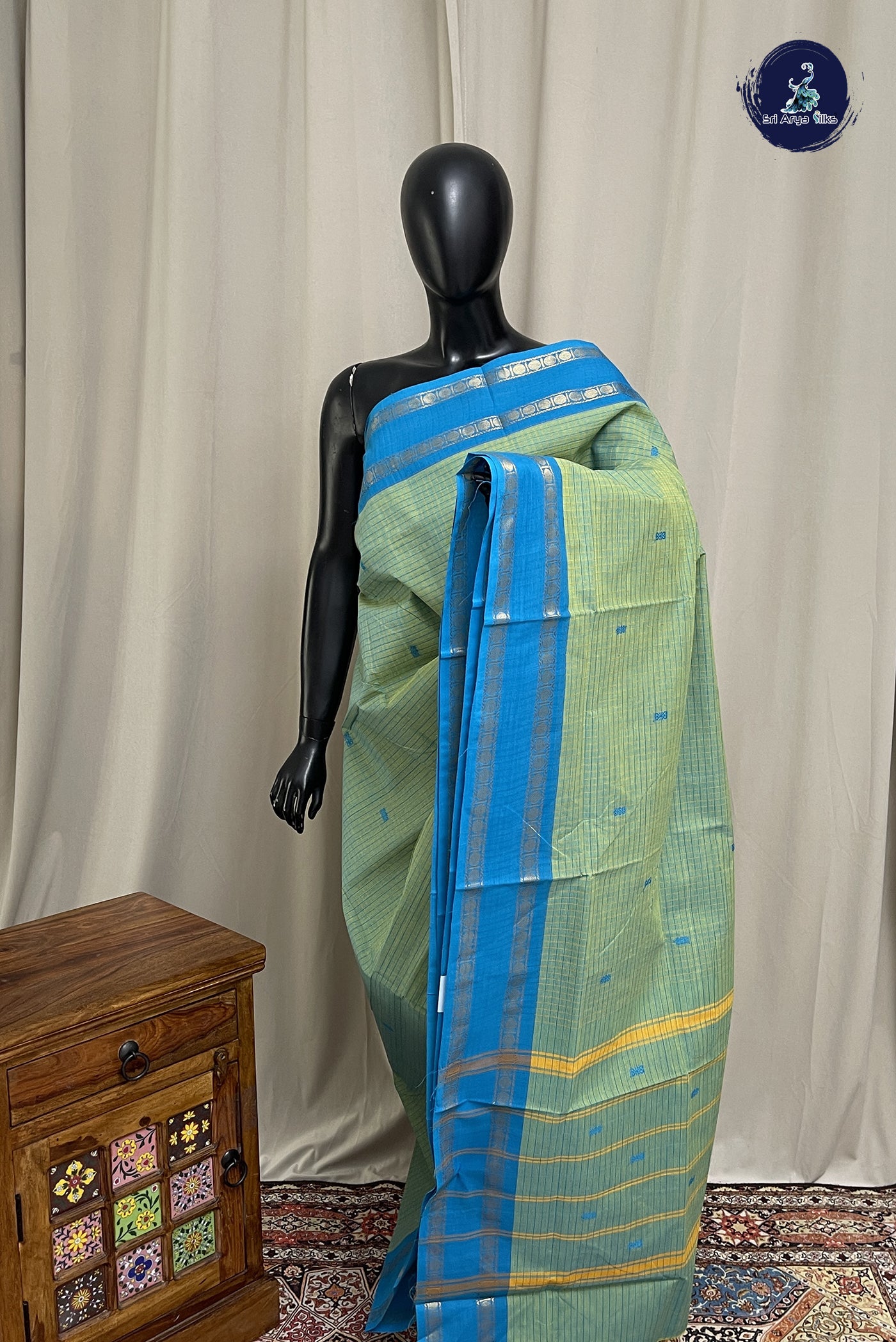 Bluish Green Chettinad Cotton Saree With Checked Pattern